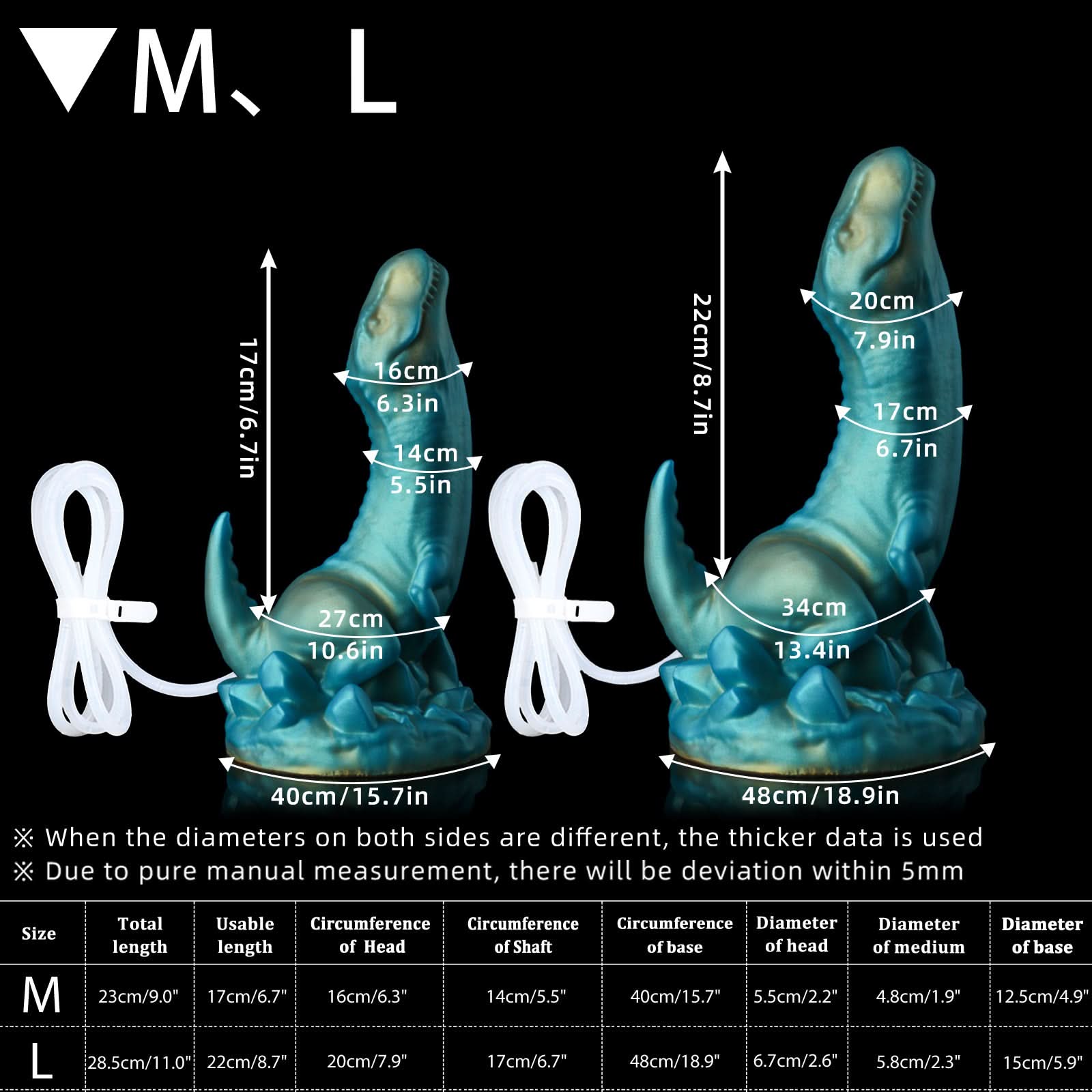 Nothosaur VELOX + TUBE Fantasy dildo with Strong Suction Cup for Hands-Free Play Size Chart