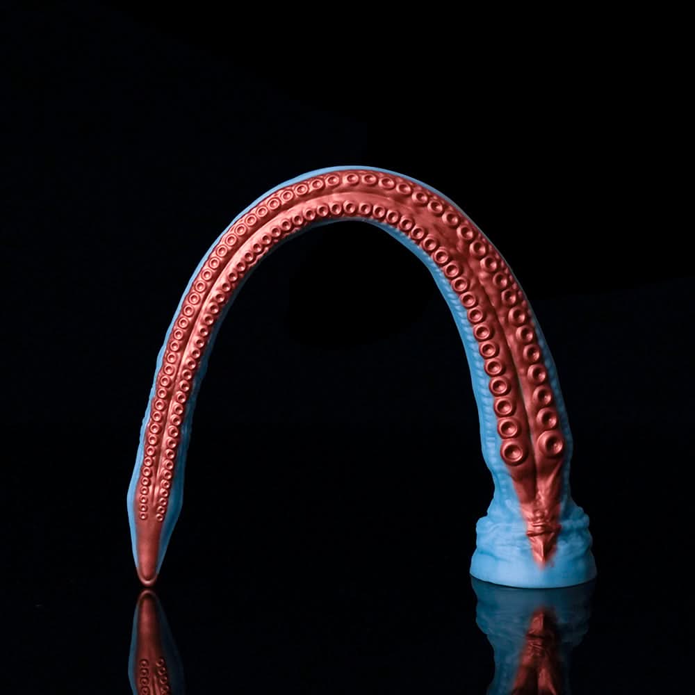 ABYSS II long tentacle dildo with a curved suction-cup texture and flared base - red custom color coiled view