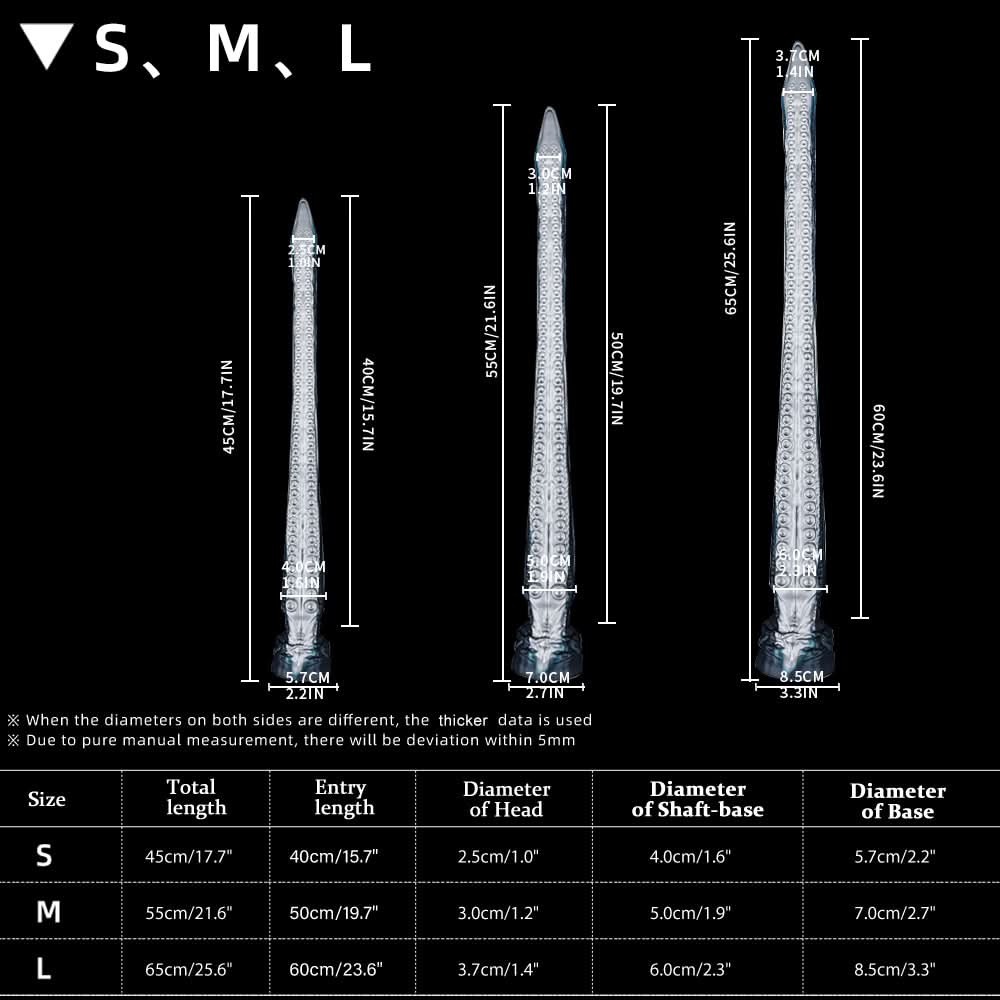 ABYSS II long tentacle dildo with a curved suction-cup texture and flared base - size chart