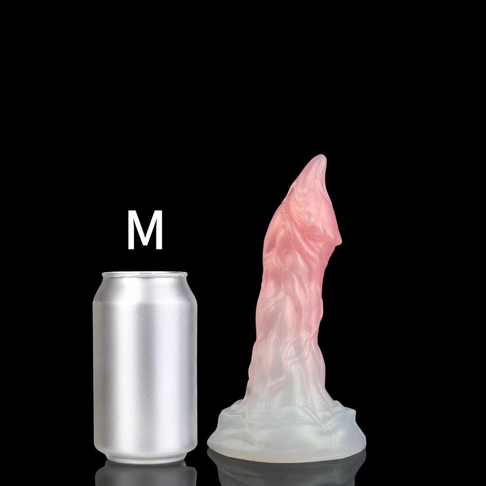 BYRNE custom dragon fantasy dildo with a sculpted ridged shaft and wide flared base - M size comparison