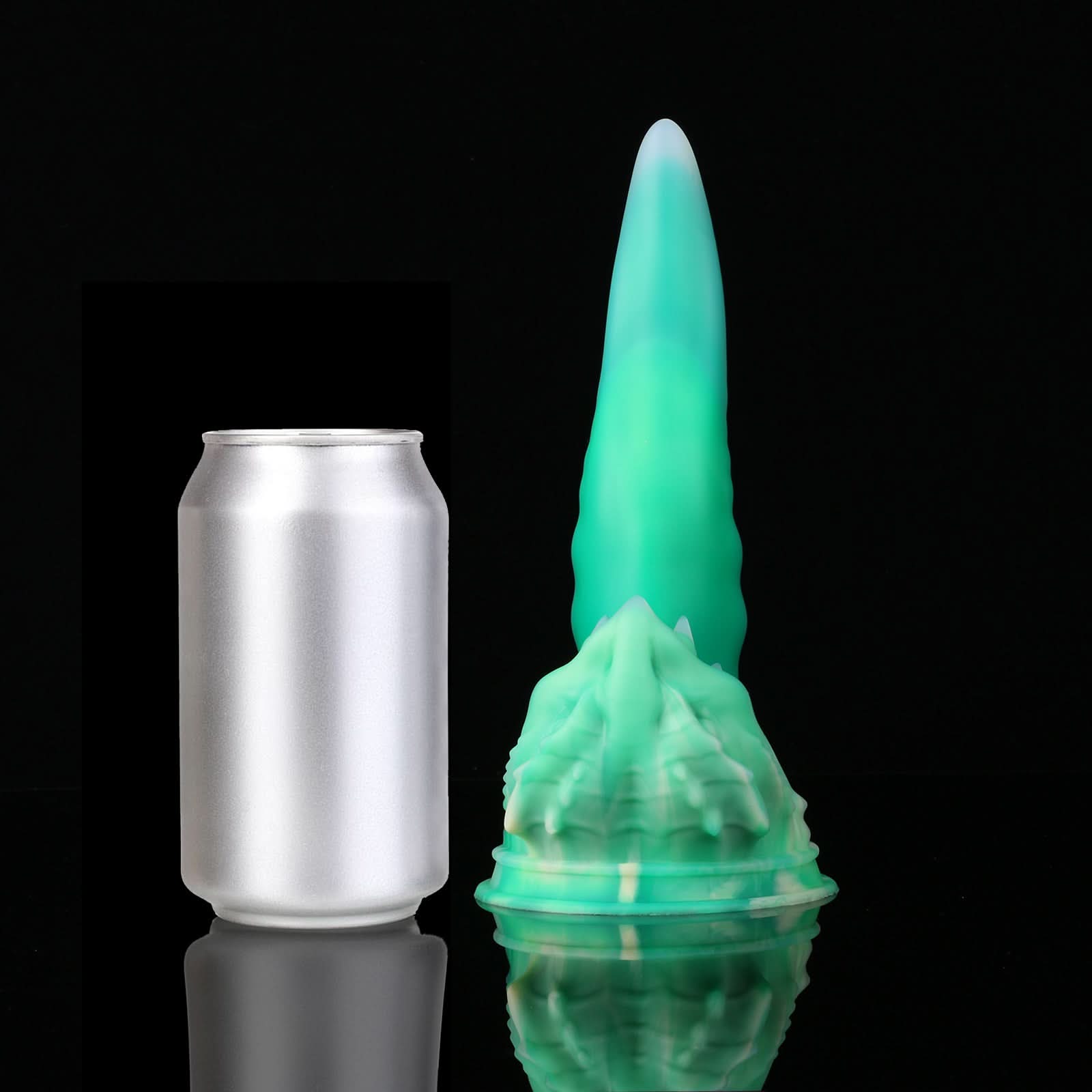 Ladon's Tongue custom dragon tongue fantasy dildo with a sculpted dragon-head base - green colorway upright view