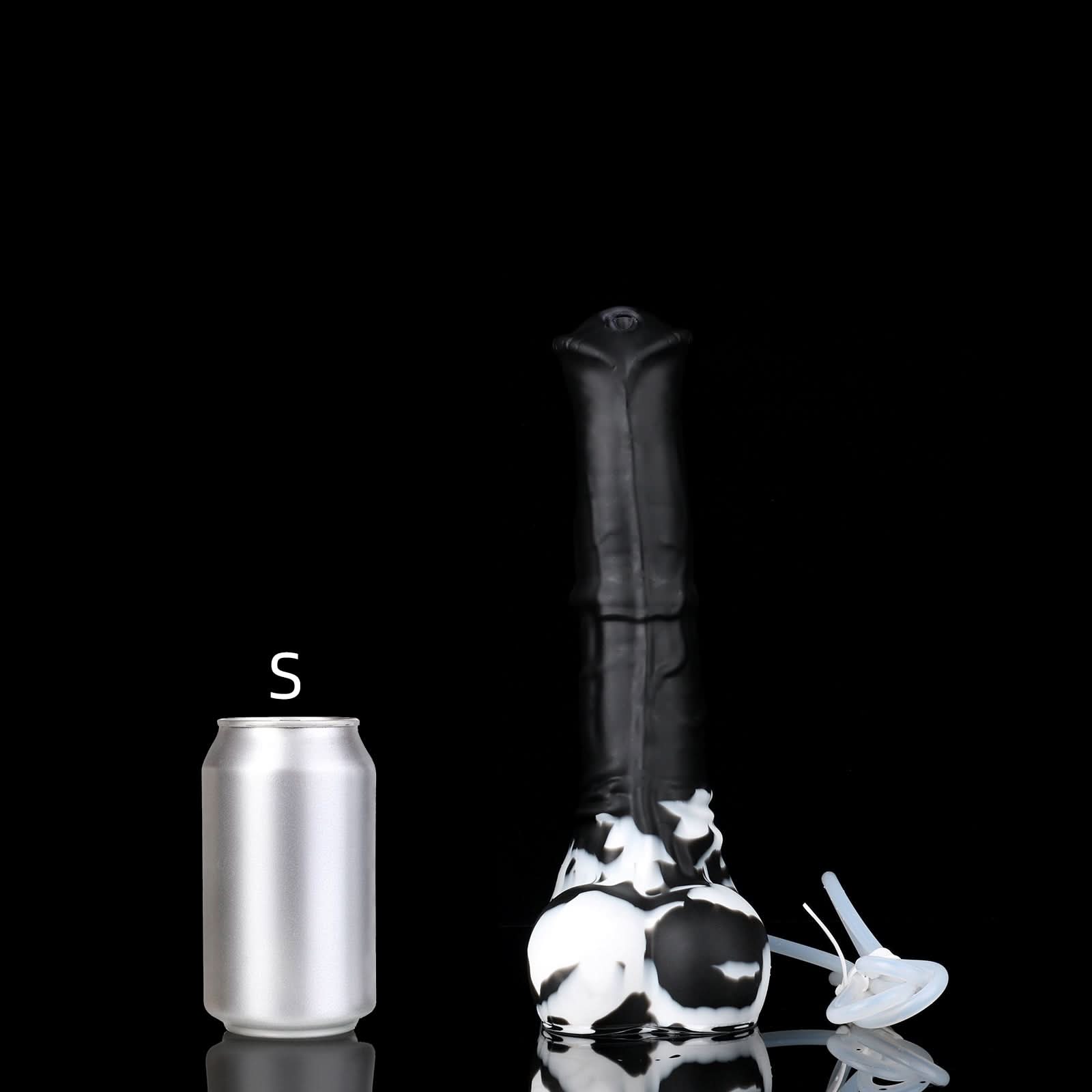 AVOYO plus tube fantasy horse ejaculating dildo with a tapered textured shaft, sculpted base, and built-in tube - black custom color S size guide with tube