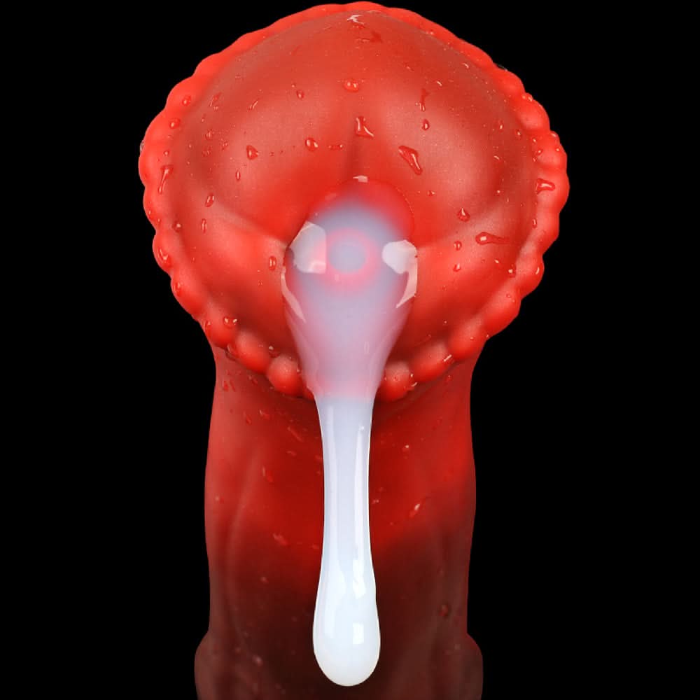 CONOLA plus tube fantasy horse ejaculating dildo with a broad flared head, veined shaft, and built-in tube - tube outlet detail