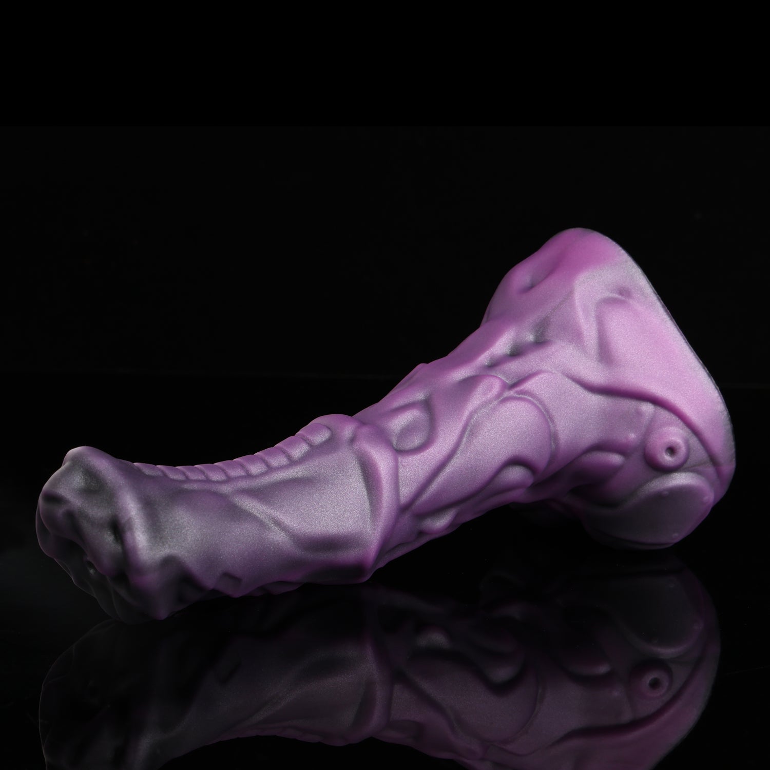 FIGURE fantasy horse dildo with a textured biomechanical shaft, sculpted head, and rounded balls - purple custom color low side view