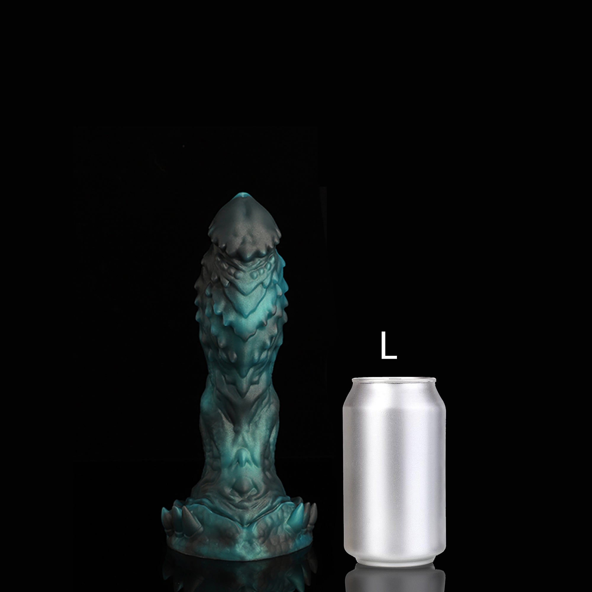 OPALEYE II custom dragon fantasy dildo with layered scale texture and a sculpted base - green colorway L size comparison