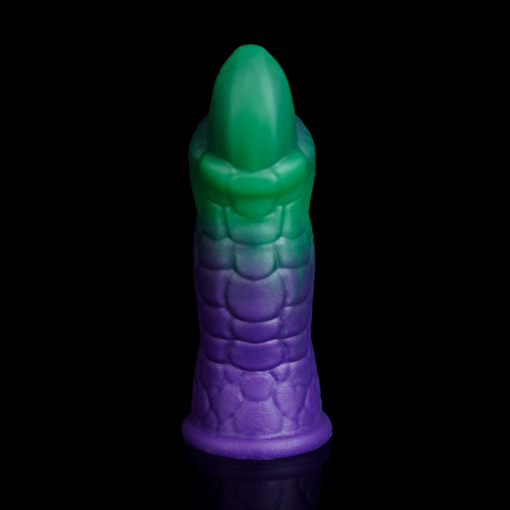WAT'S FINGER COTS fantasy finger sleeves with sculpted creature-inspired texture - green and purple textured sleeve rear view