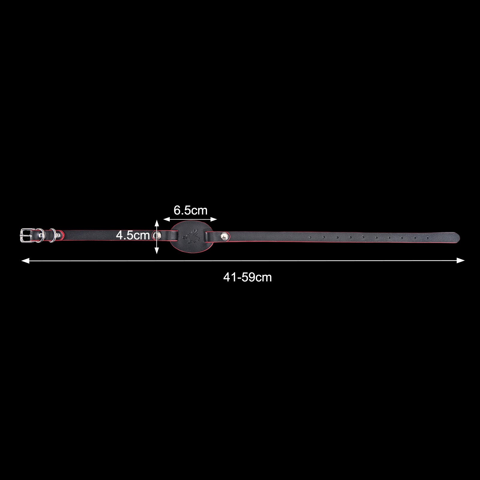  Flared shield base and silver hardware on the bondage mouth gag.