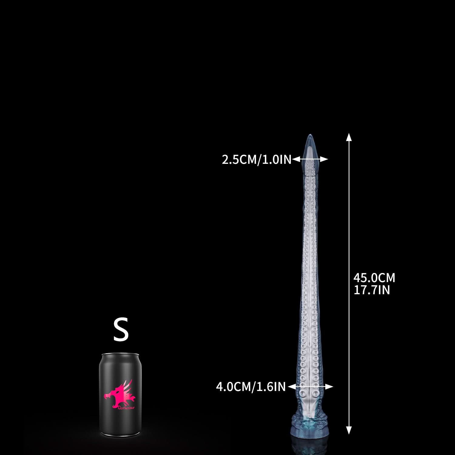 ABYSS II long tentacle dildo with a curved suction-cup texture and flared base - S size guide