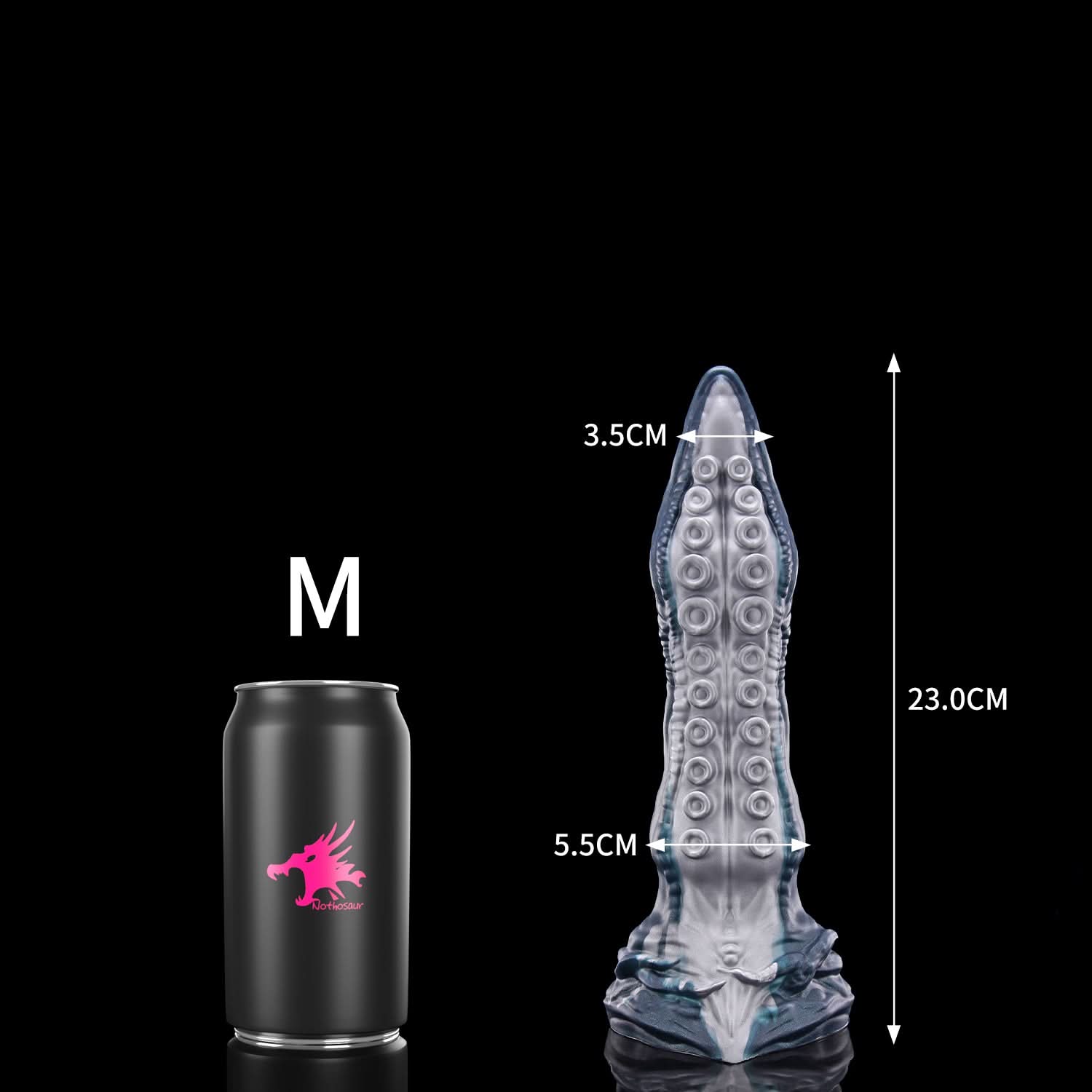 ABYSS tentacle dildo with rows of suction cups and a sculpted fantasy base - M size guide