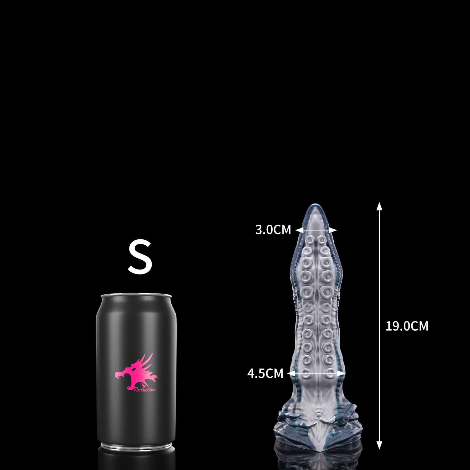 ABYSS tentacle dildo with rows of suction cups and a sculpted fantasy base - S size guide