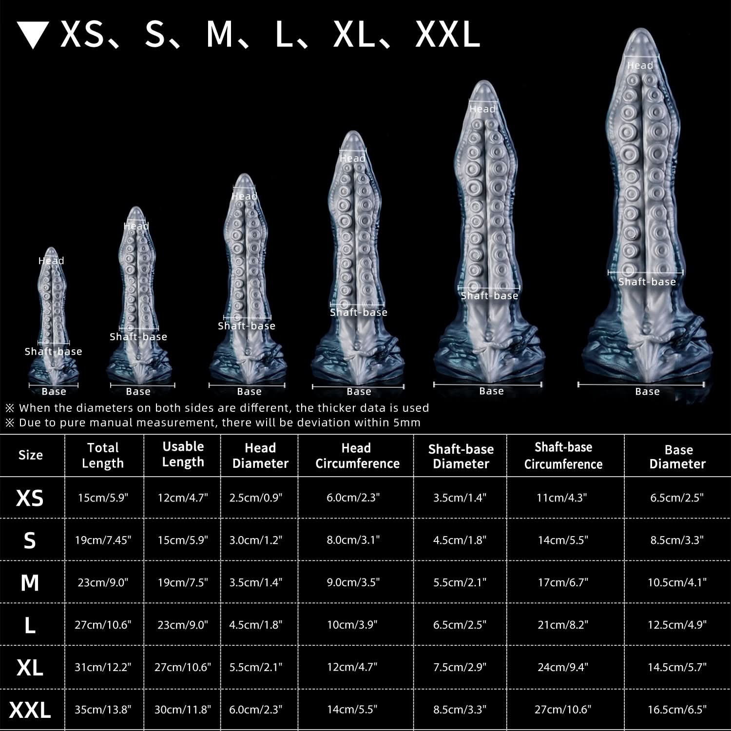 ABYSS tentacle dildo with rows of suction cups and a sculpted fantasy base - size chart