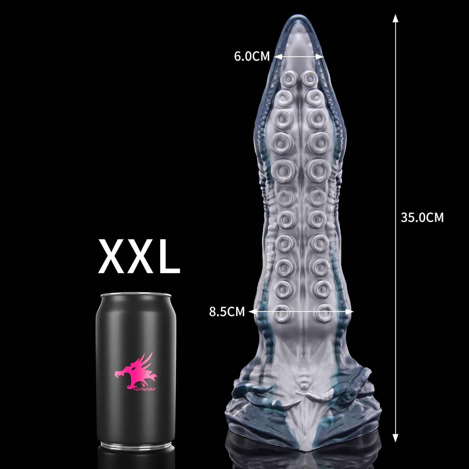 ABYSS tentacle dildo with rows of suction cups and a sculpted fantasy base - XXL size guide