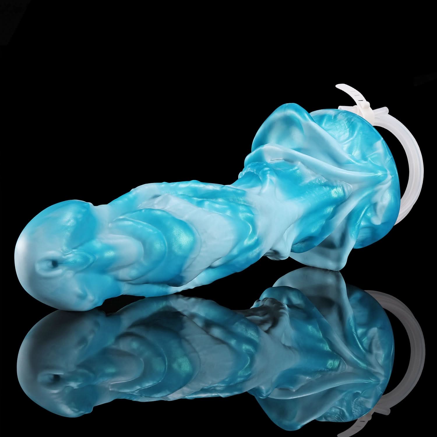 AGNME plus tube mermaid fantasy ejaculating dildo with flowing wave-like folds and built-in tube - angled side view with tube