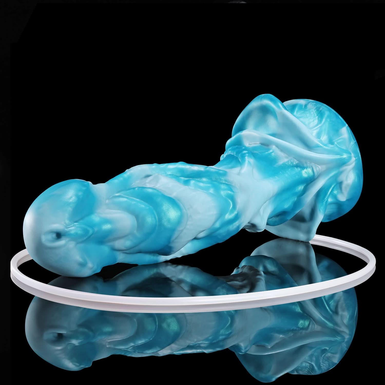 AGNME plus tube mermaid fantasy ejaculating dildo with flowing wave-like folds and built-in tube - base view with tube
