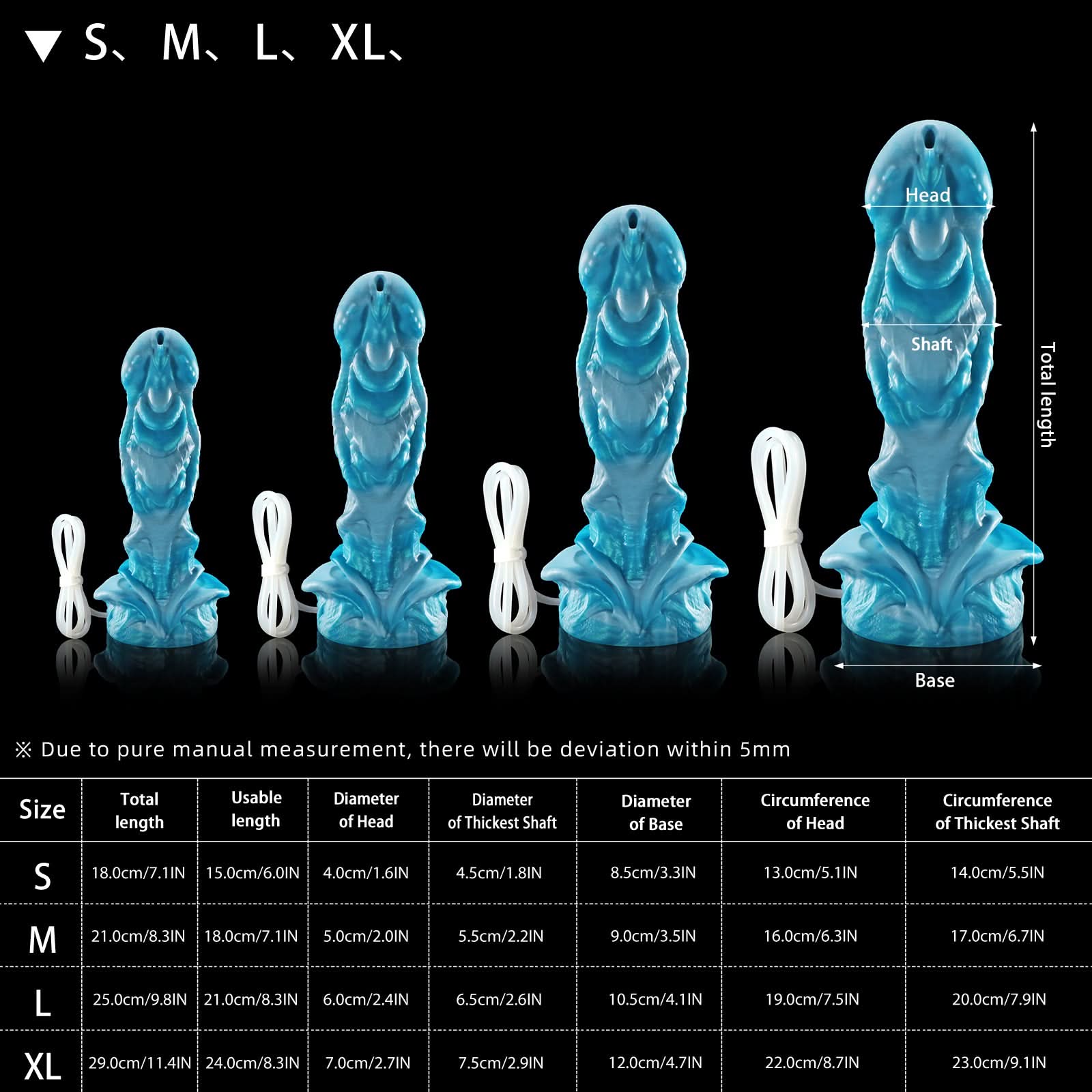 AGNME plus tube mermaid fantasy ejaculating dildo with flowing wave-like folds and built-in tube - size chart with tube