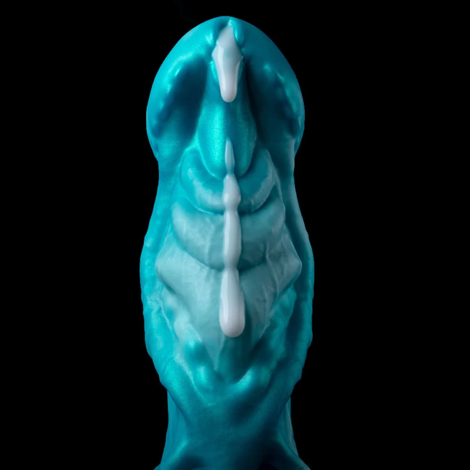 AGNME plus tube mermaid fantasy ejaculating dildo with flowing wave-like folds and built-in tube - tip and tube outlet detail
