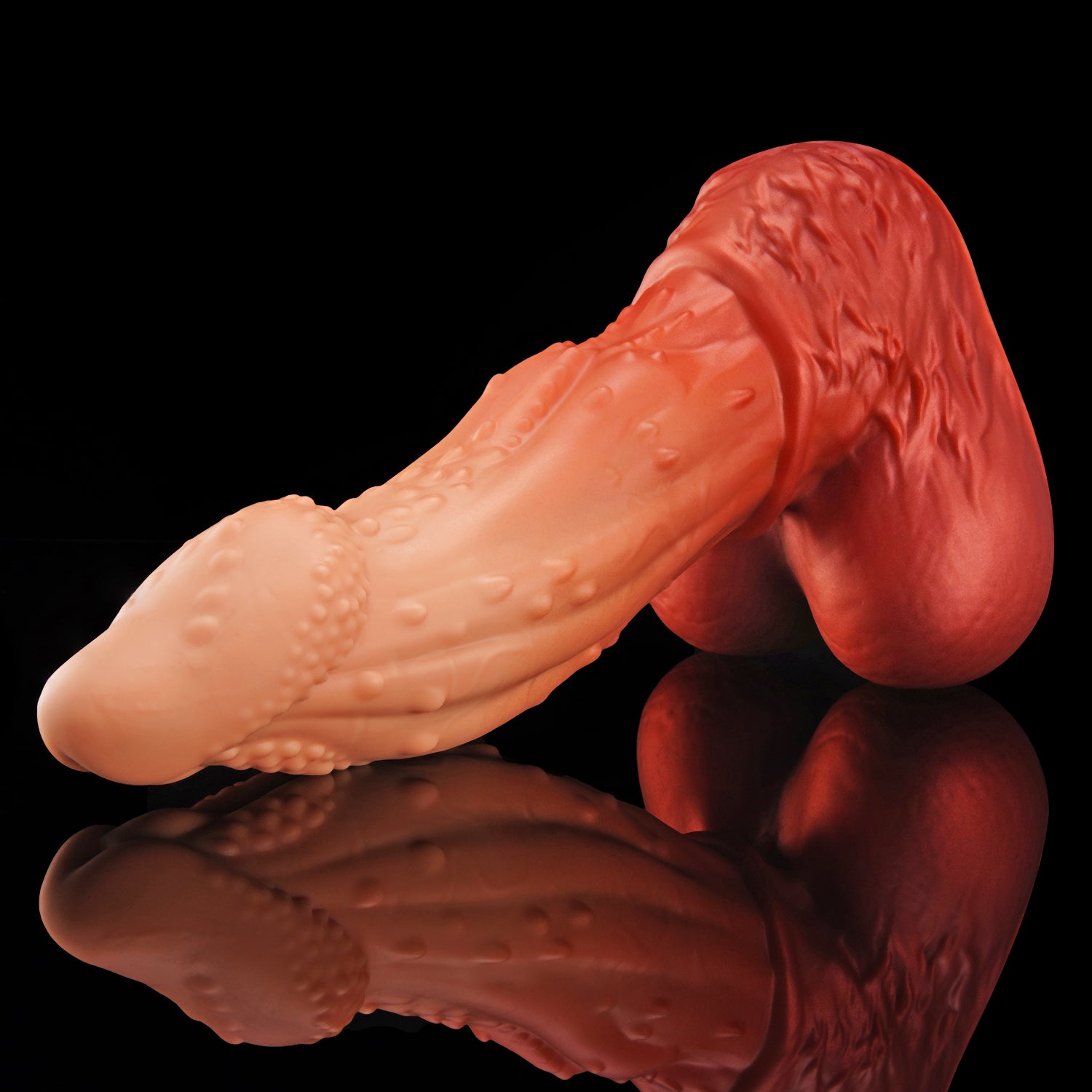 ALCANON fantasy animal dildo with a textured shaft, sculpted head, and rounded balls - angled side view