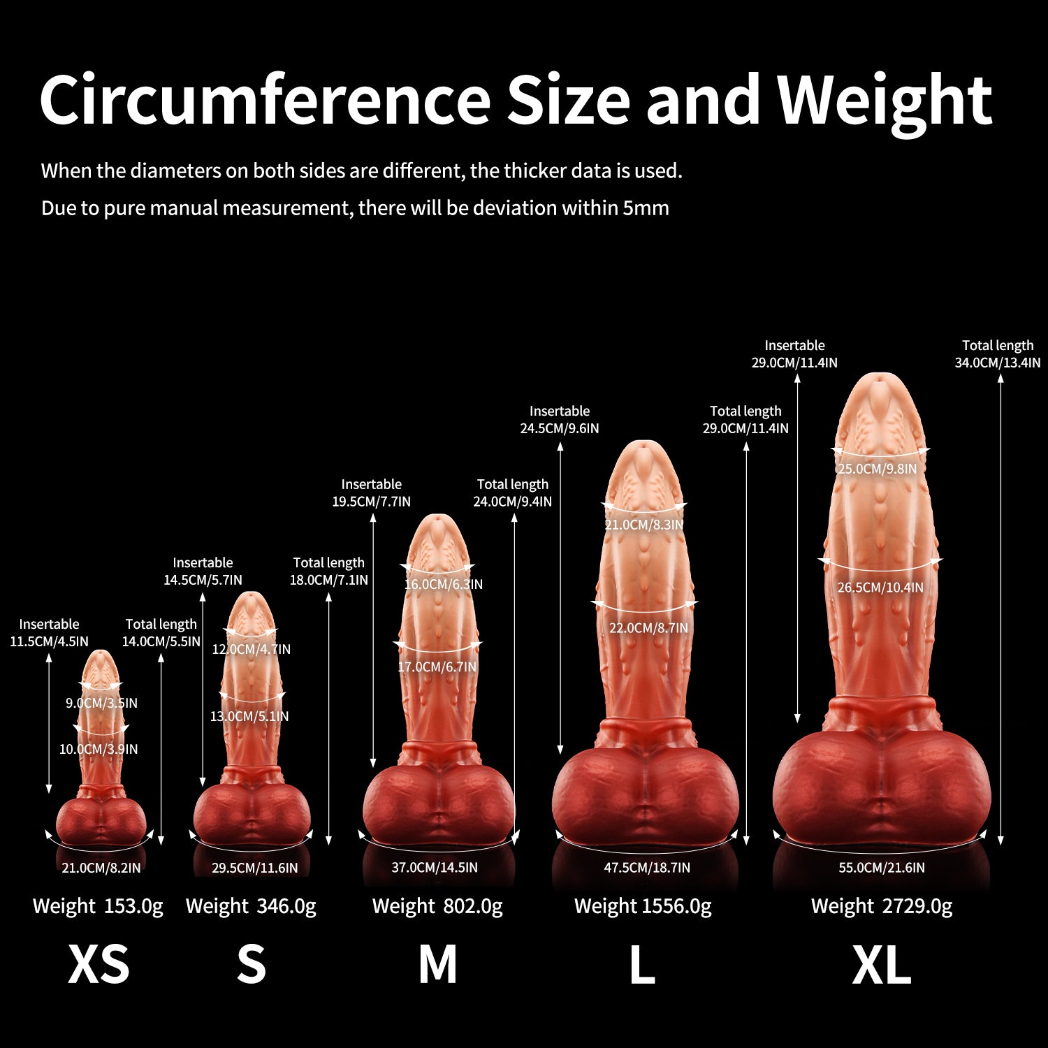 ALCANON fantasy animal dildo with a textured shaft, sculpted head, and rounded balls - circumference size and weight chart