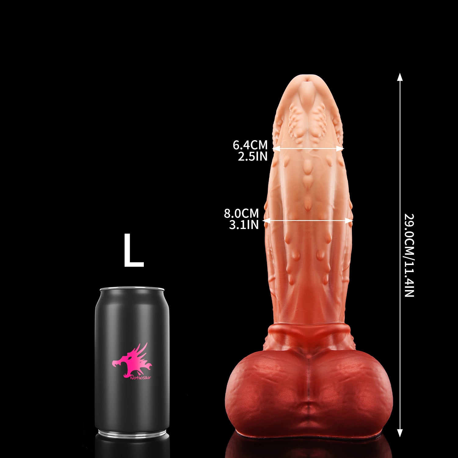 ALCANON fantasy animal dildo with a textured shaft, sculpted head, and rounded balls - L size guide
