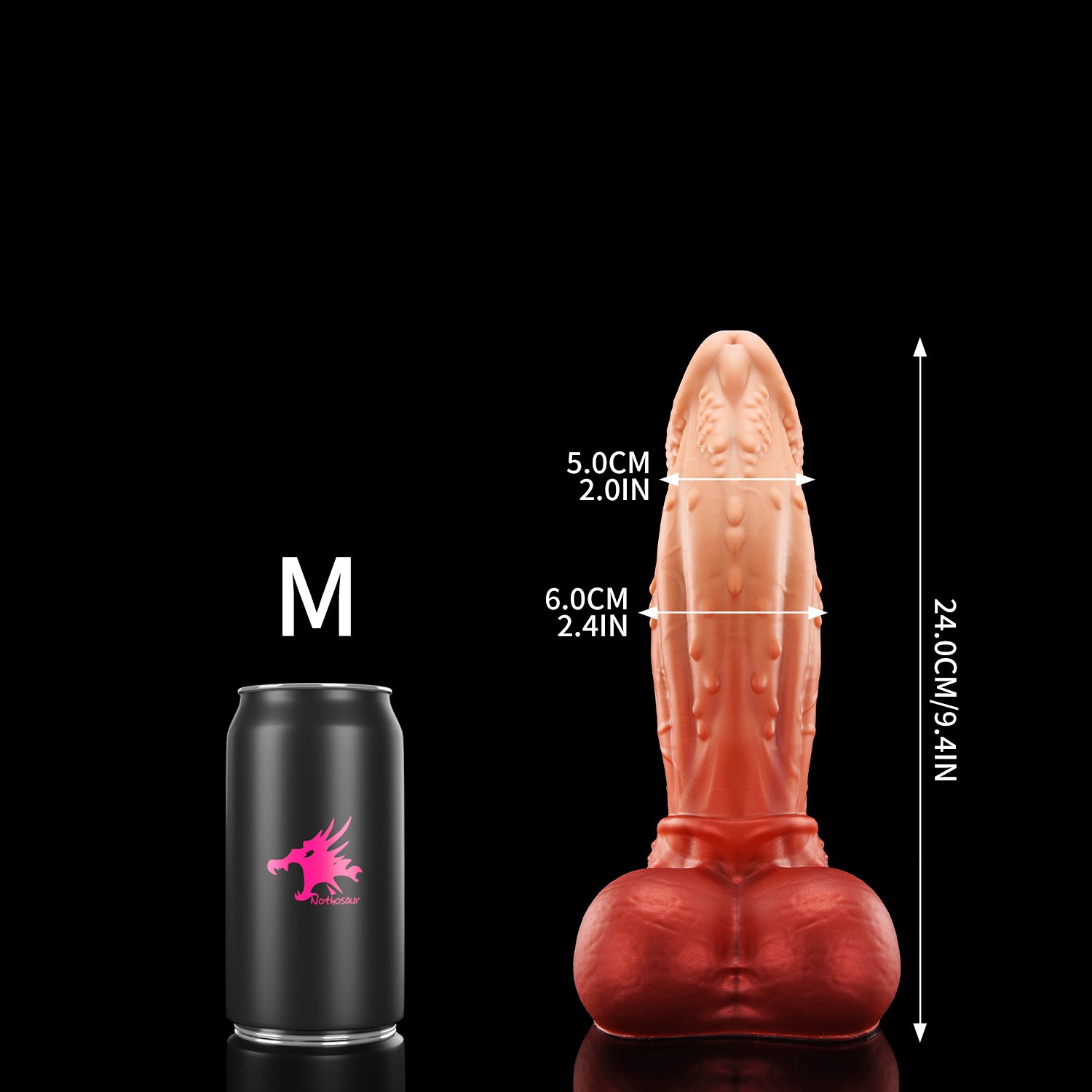 ALCANON fantasy animal dildo with a textured shaft, sculpted head, and rounded balls - M size guide