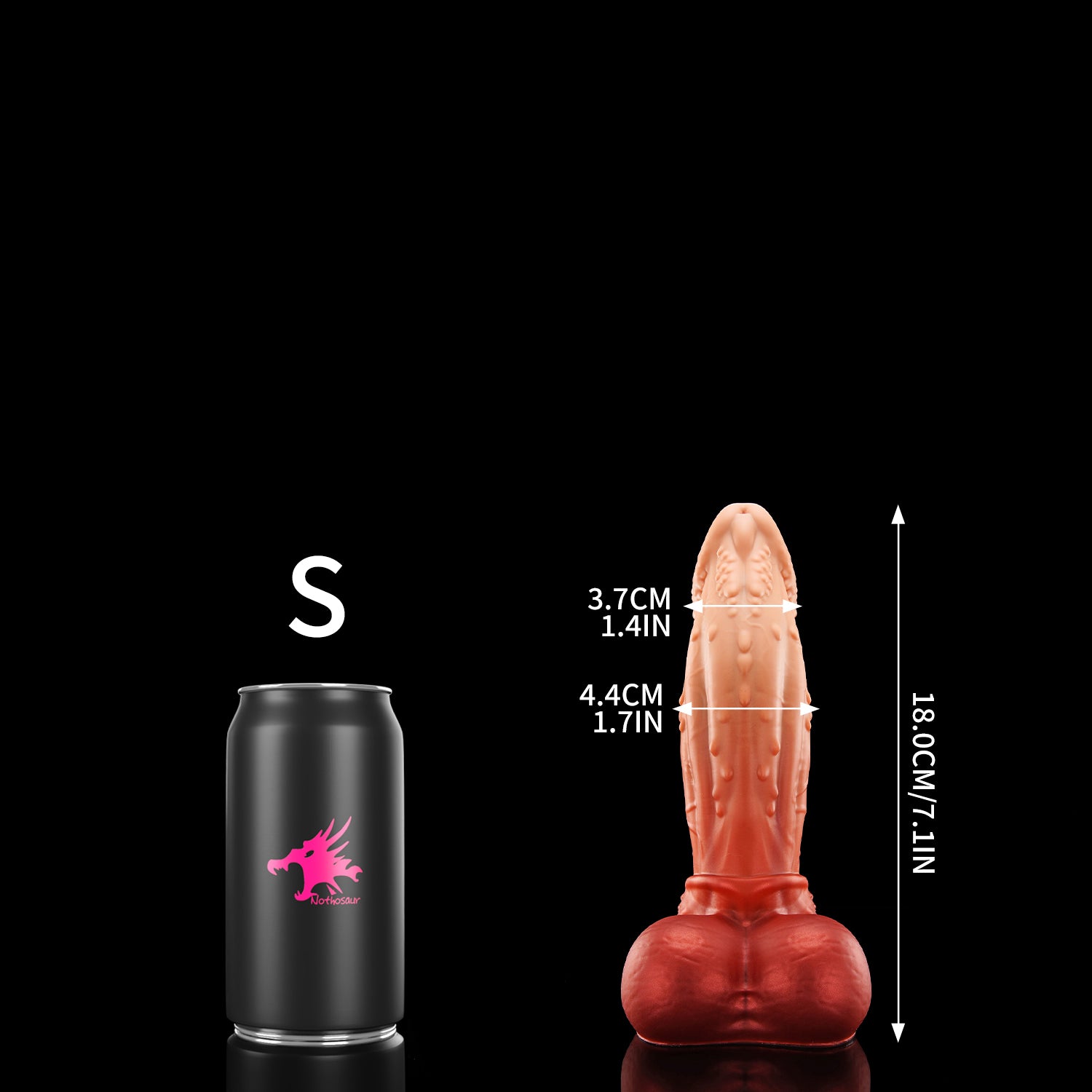 ALCANON fantasy animal dildo with a textured shaft, sculpted head, and rounded balls - S size guide