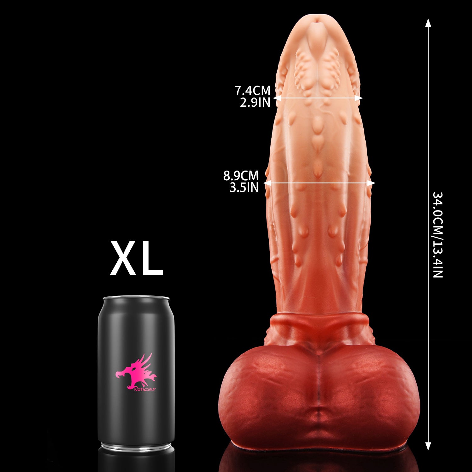 ALCANON fantasy animal dildo with a textured shaft, sculpted head, and rounded balls - XL size guide