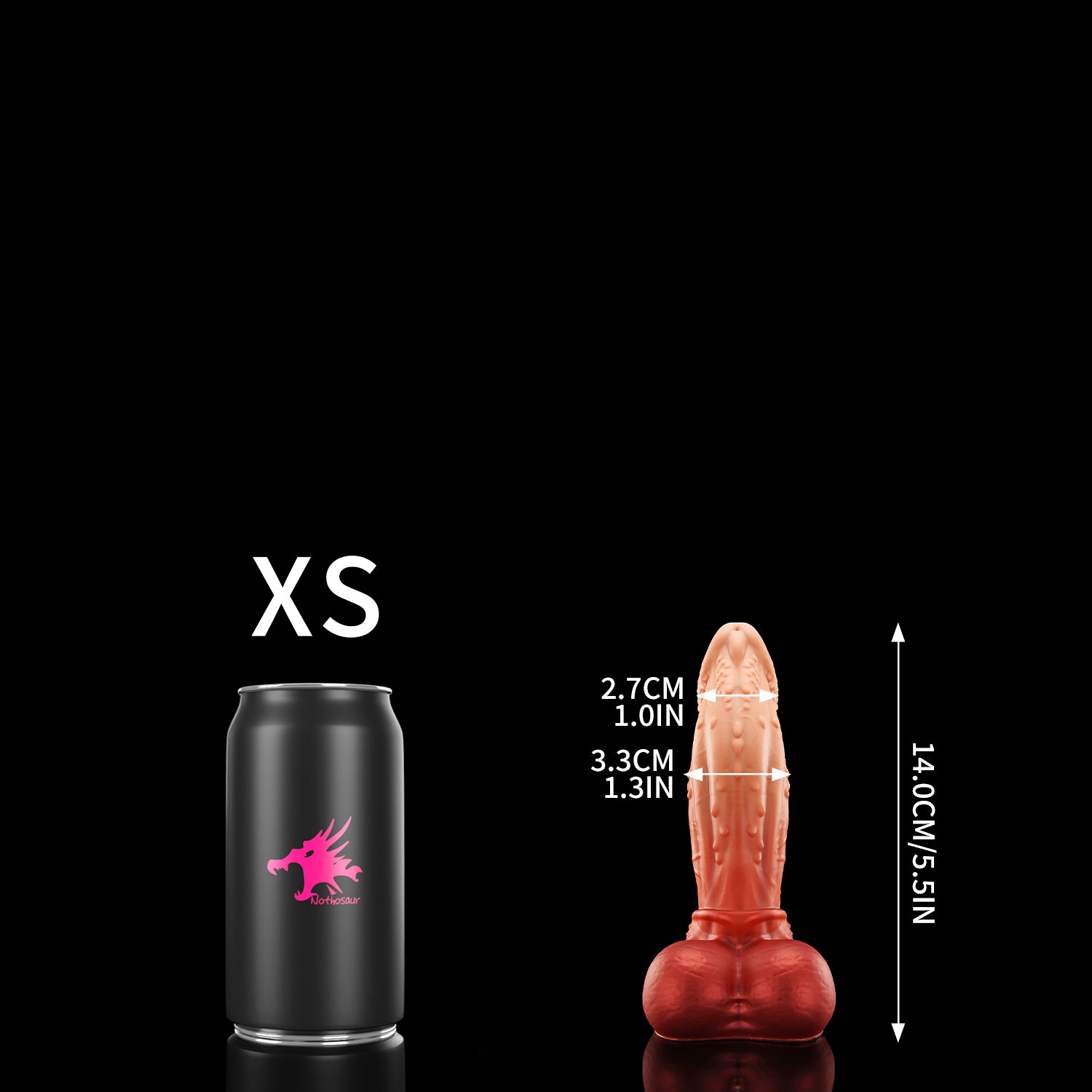 ALCANON fantasy animal dildo with a textured shaft, sculpted head, and rounded balls - XS size guide