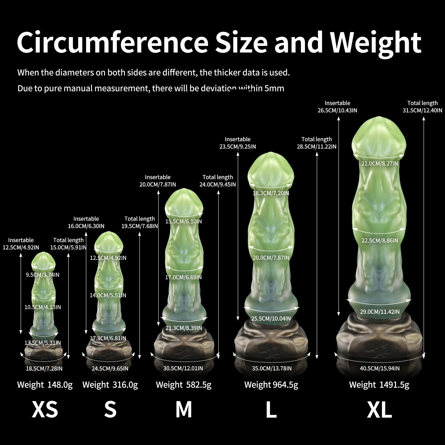 Avenging Dragon custom fantasy dragon dildo with a smooth sculpted shaft and wide textured base - circumference size chart
