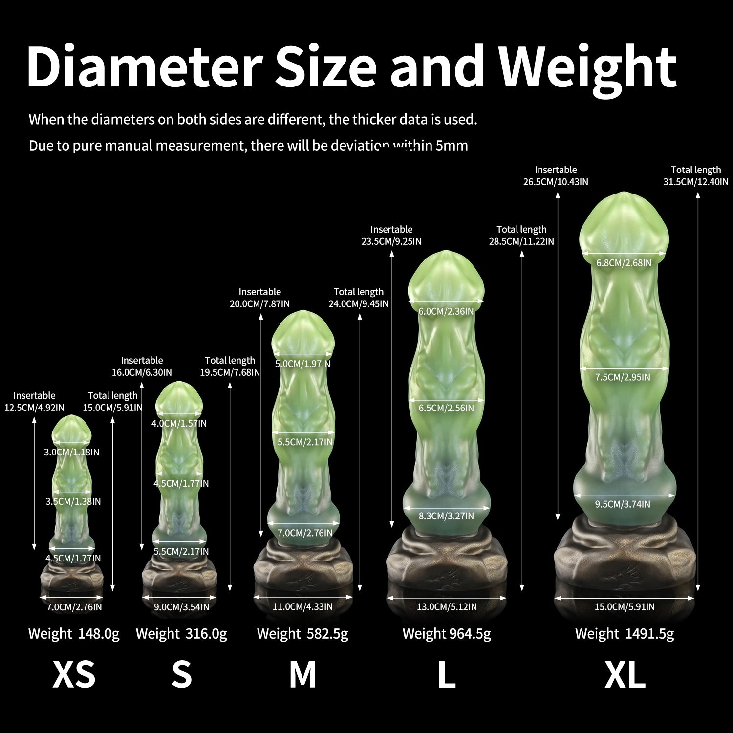 Avenging Dragon custom fantasy dragon dildo with a smooth sculpted shaft and wide textured base - diameter size chart