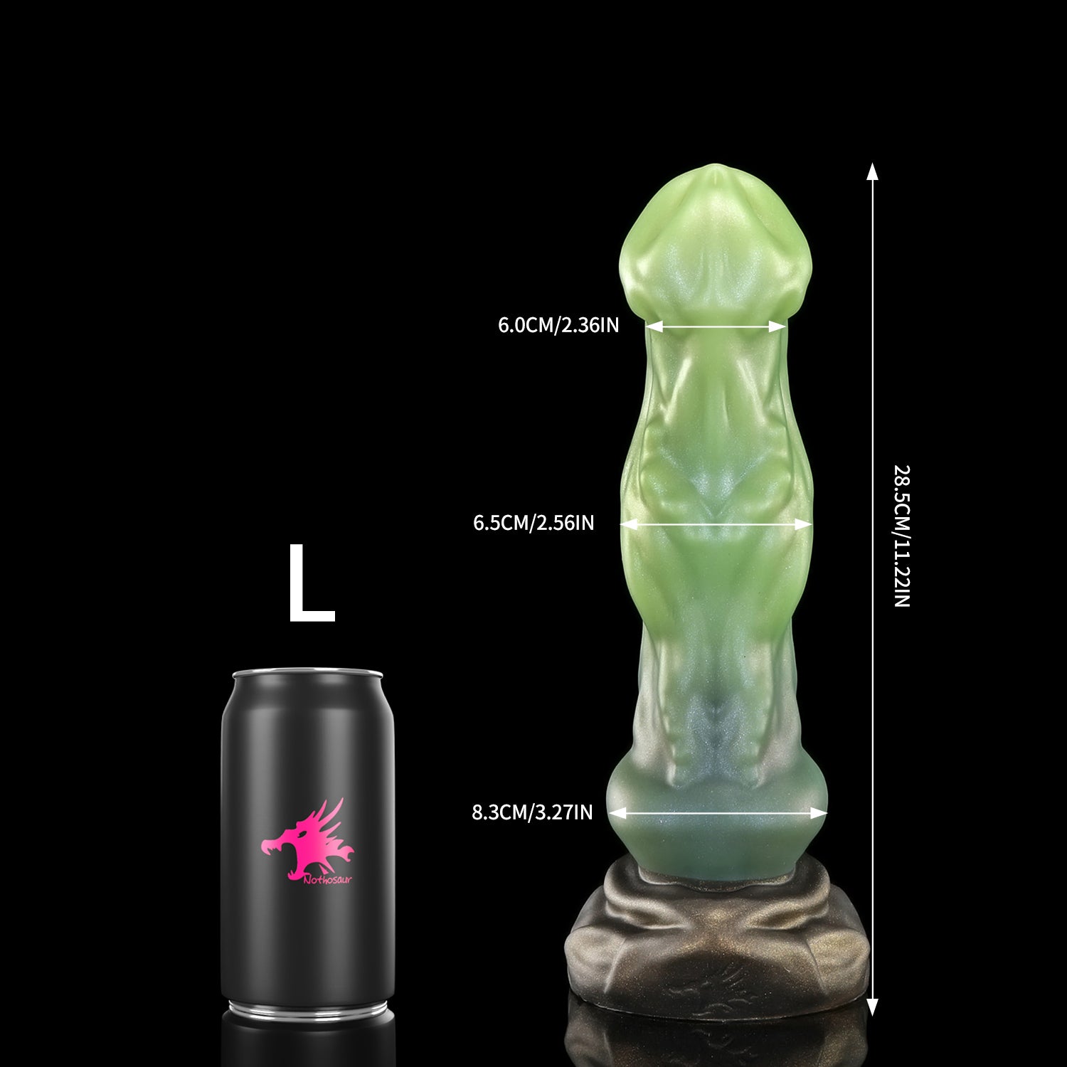 Avenging Dragon custom fantasy dragon dildo with a smooth sculpted shaft and wide textured base - L size comparison