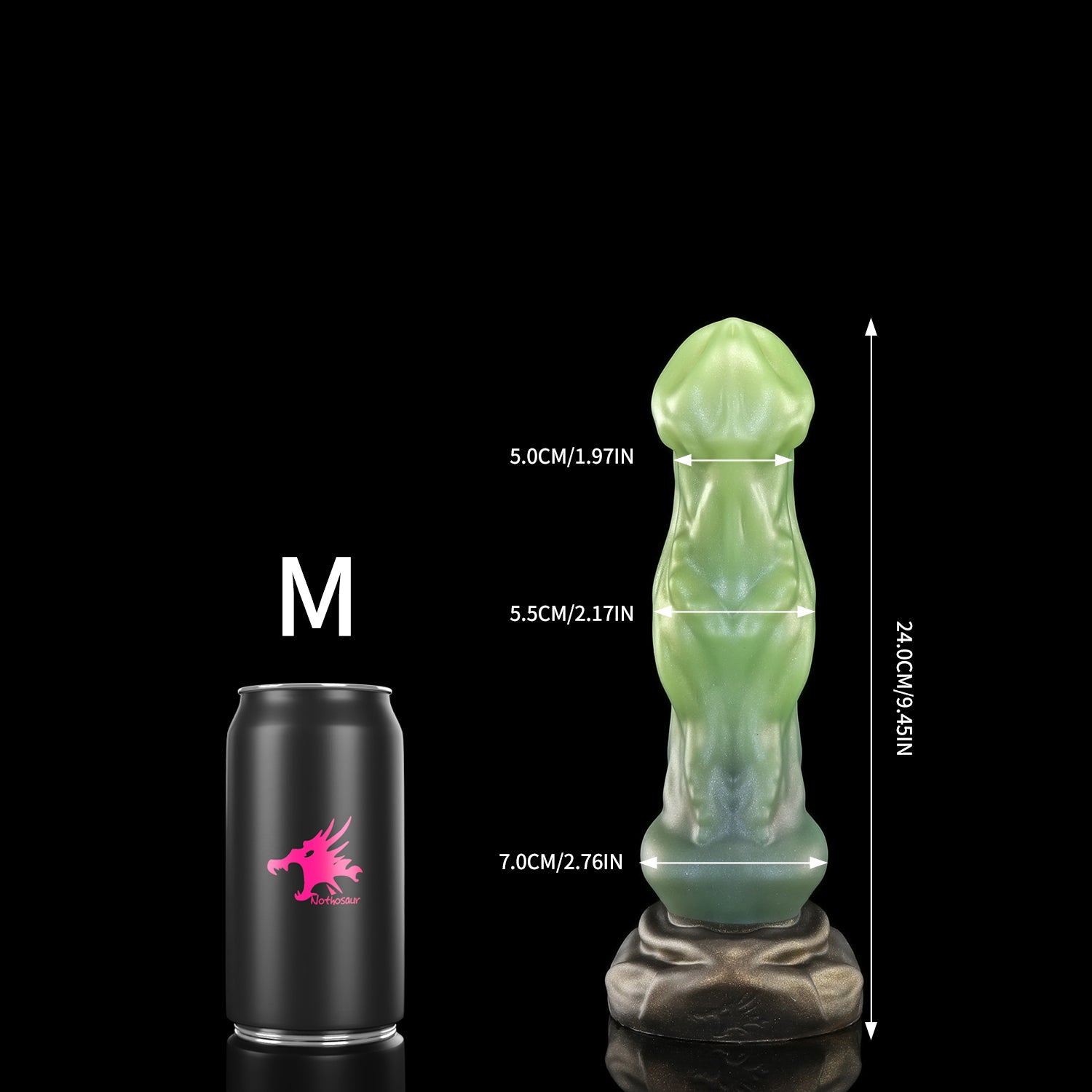 Avenging Dragon custom fantasy dragon dildo with a smooth sculpted shaft and wide textured base - M size comparison