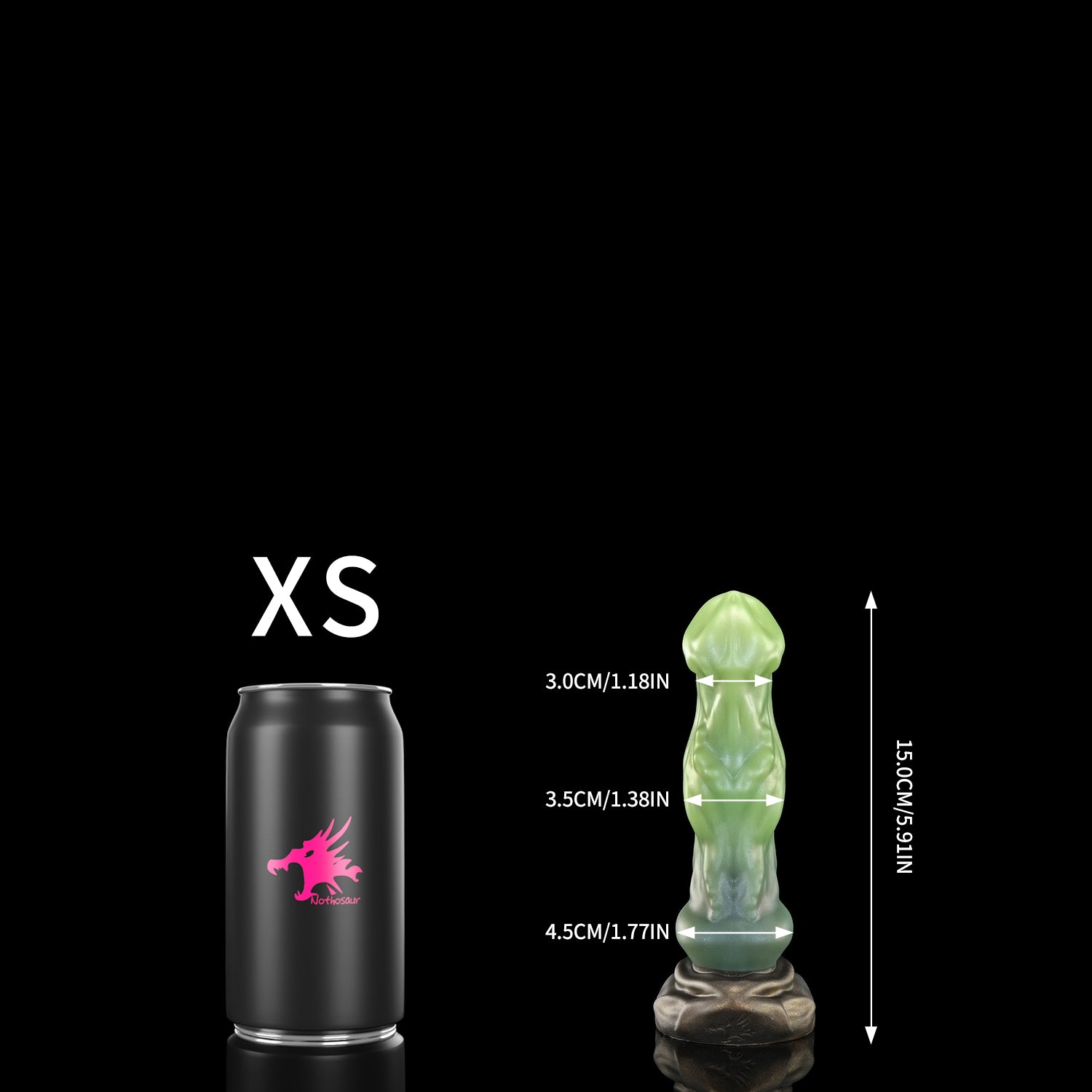 Avenging Dragon custom fantasy dragon dildo with a smooth sculpted shaft and wide textured base - XS size comparison