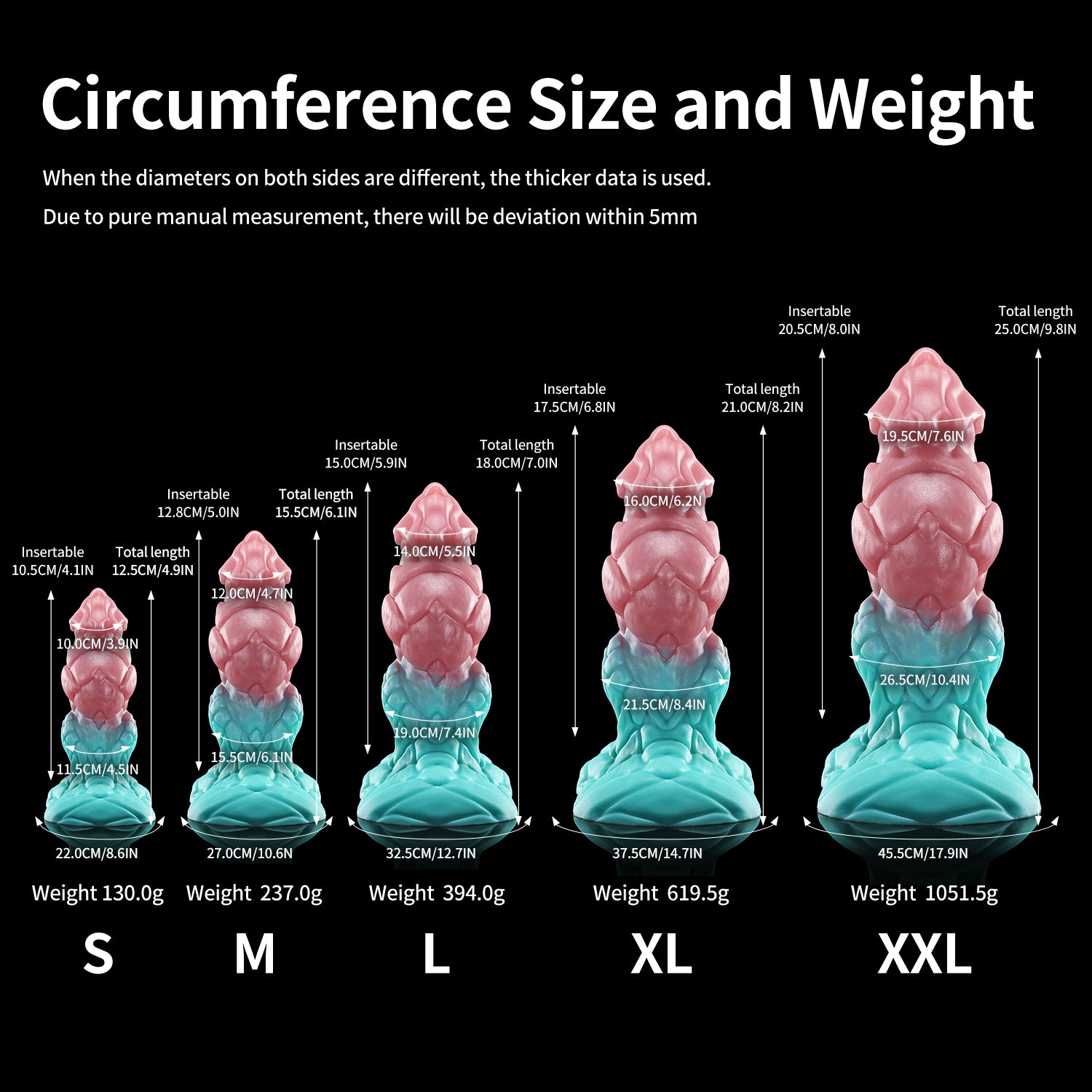 GRAVIOS custom dragon fantasy dildo with an armored textured shaft and wide sculpted base - circumference size chart