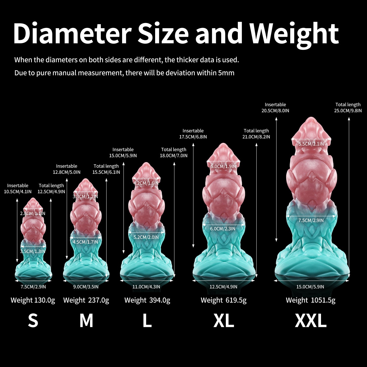 GRAVIOS custom dragon fantasy dildo with an armored textured shaft and wide sculpted base - diameter size chart