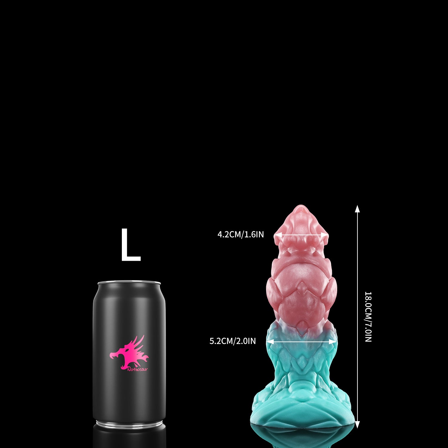 GRAVIOS custom dragon fantasy dildo with an armored textured shaft and wide sculpted base - L size comparison