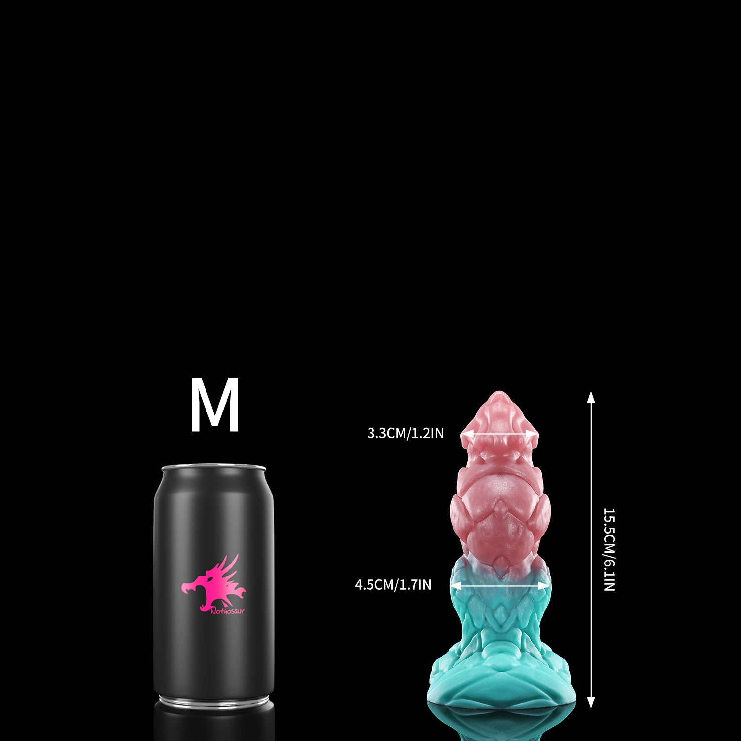 GRAVIOS custom dragon fantasy dildo with an armored textured shaft and wide sculpted base - M size comparison