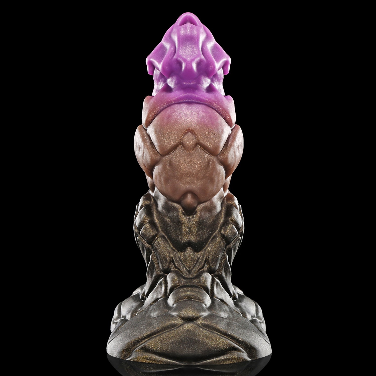 GRAVIOS custom dragon fantasy dildo with an armored textured shaft and wide sculpted base - purple and black colorway upright view