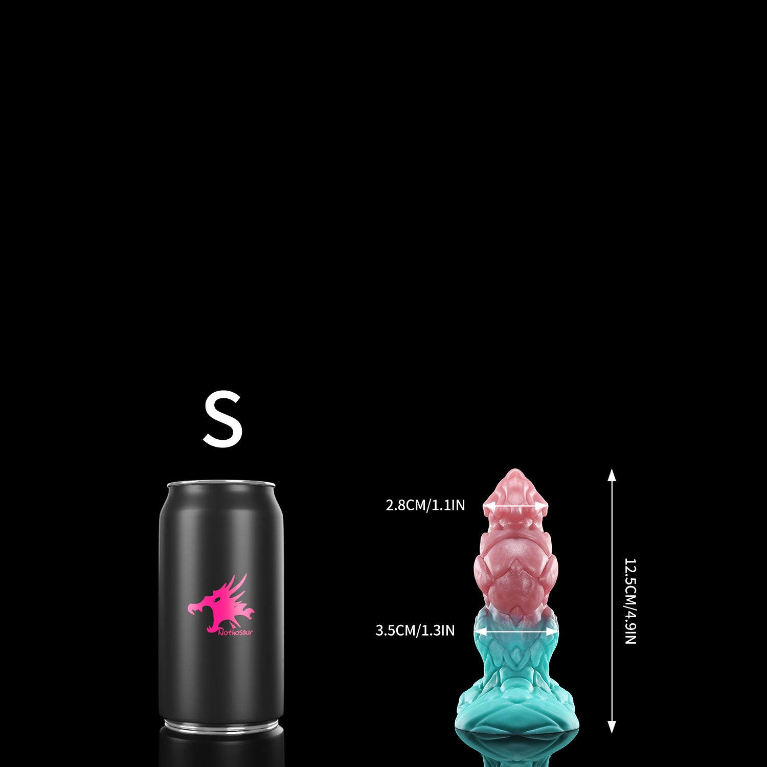 GRAVIOS custom dragon fantasy dildo with an armored textured shaft and wide sculpted base - S size comparison