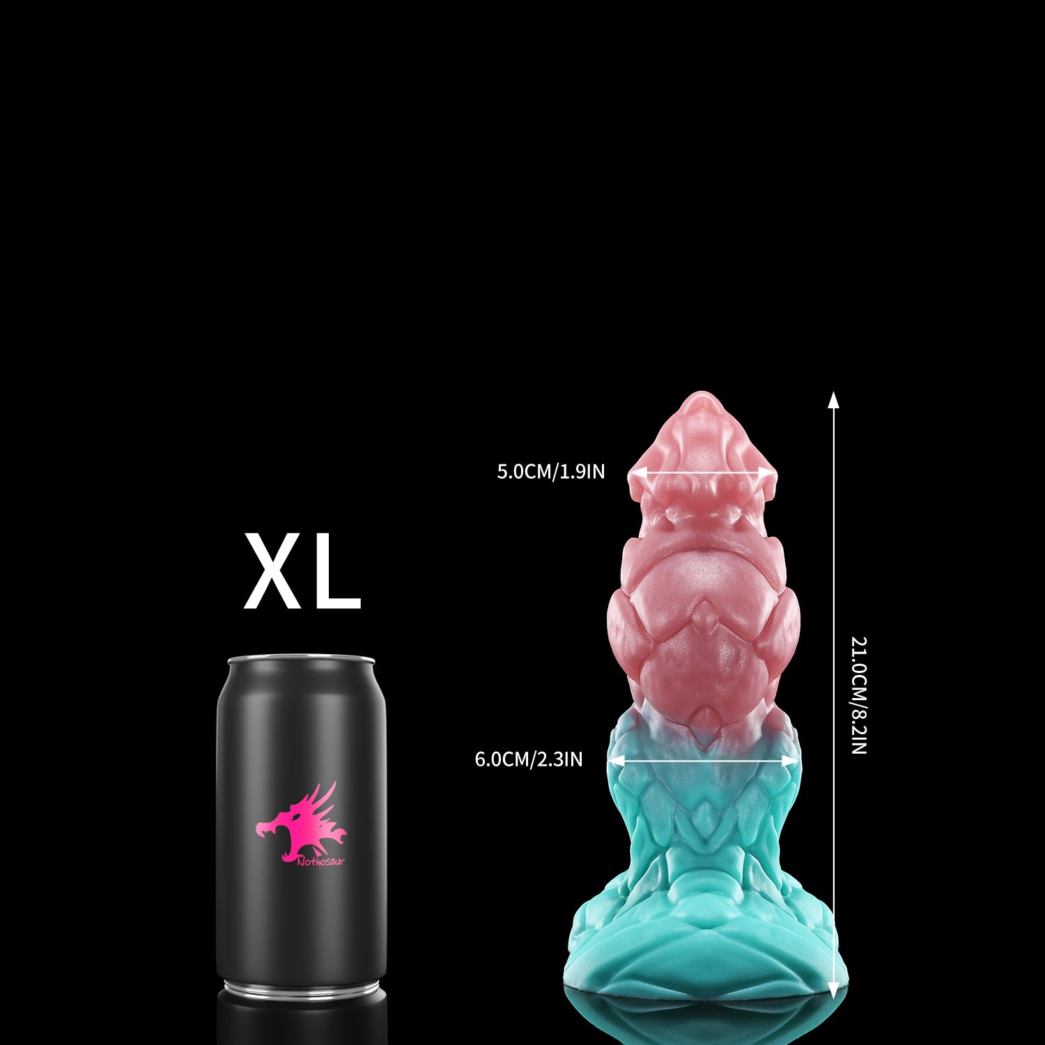 GRAVIOS custom dragon fantasy dildo with an armored textured shaft and wide sculpted base - XL size comparison