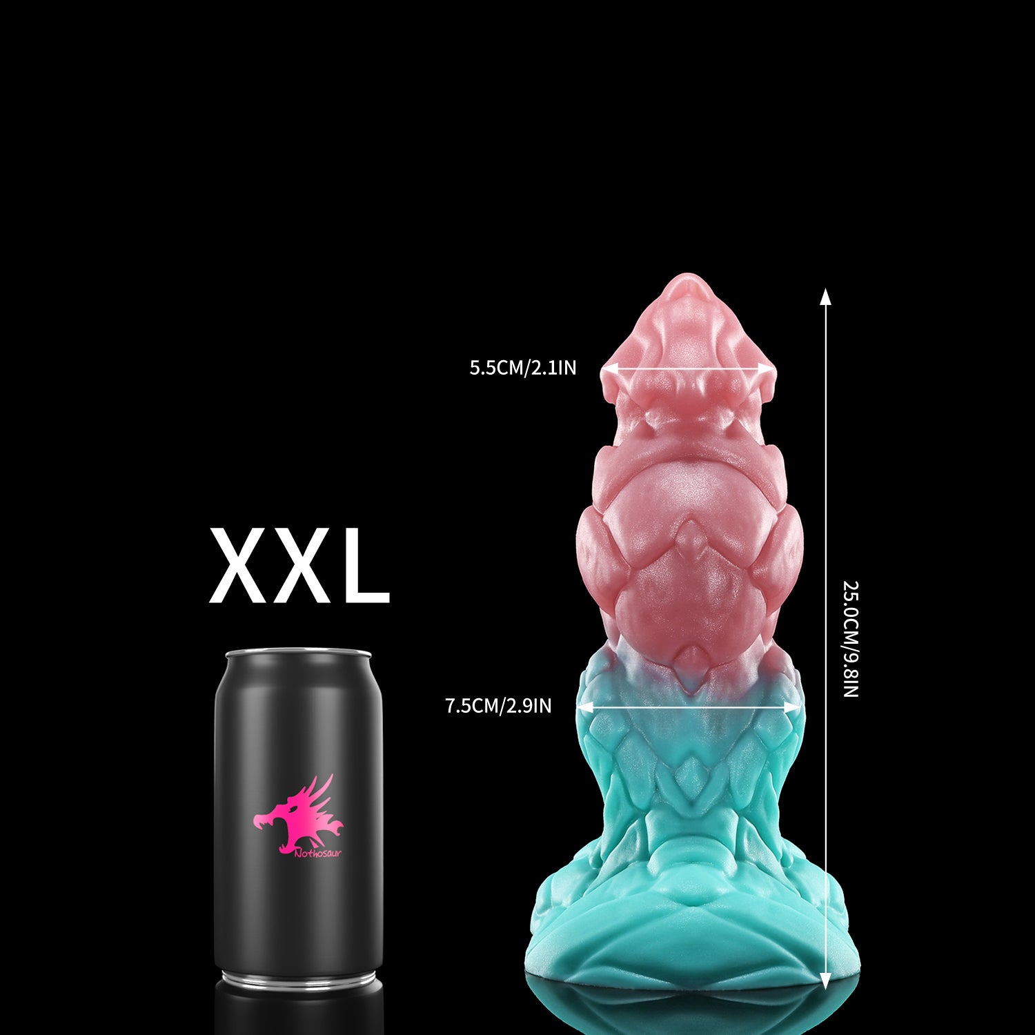 GRAVIOS custom dragon fantasy dildo with an armored textured shaft and wide sculpted base - XXL size comparison