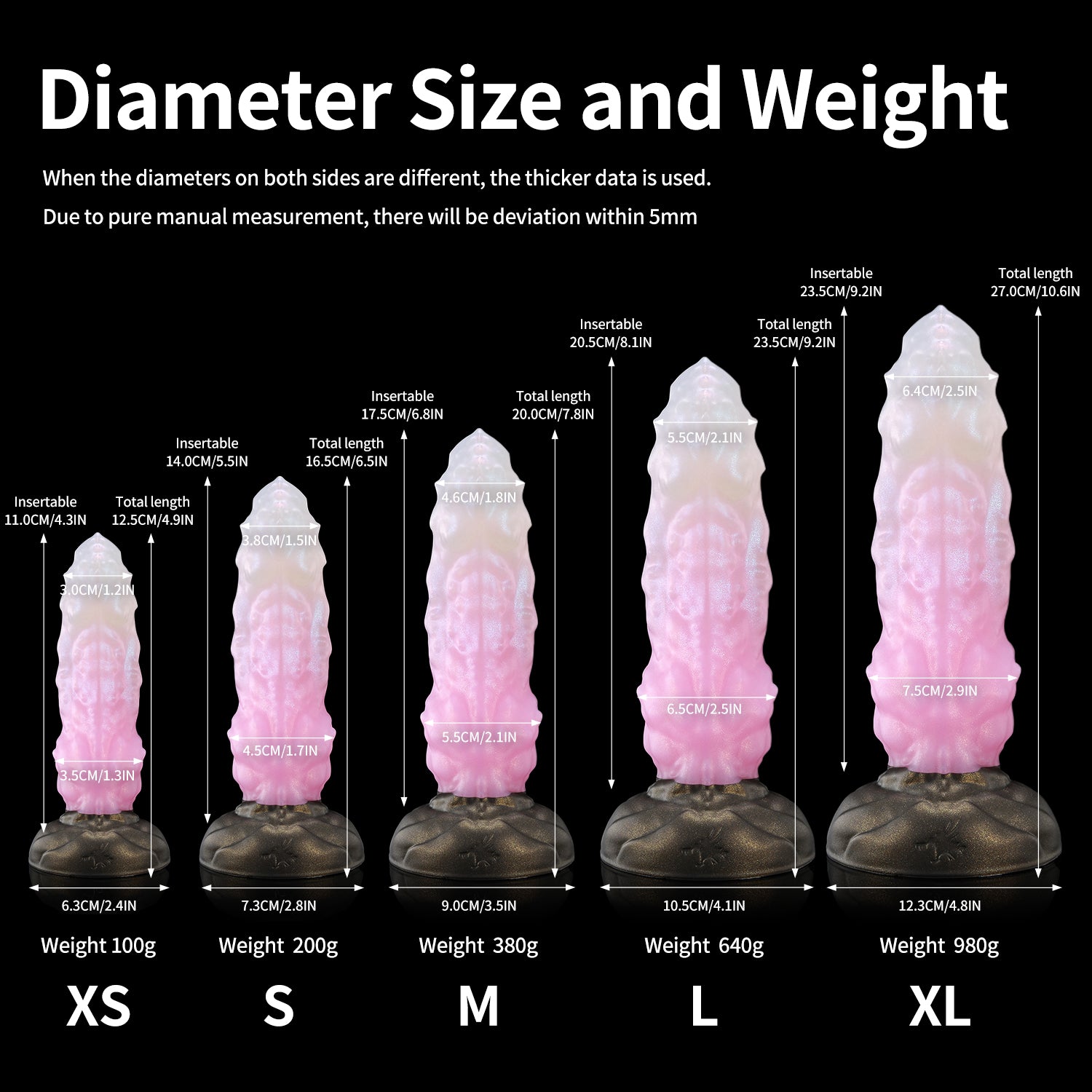 Howling Dragon custom dragon knot fantasy dildo with a textured shaft and suction cup base - diameter size chart