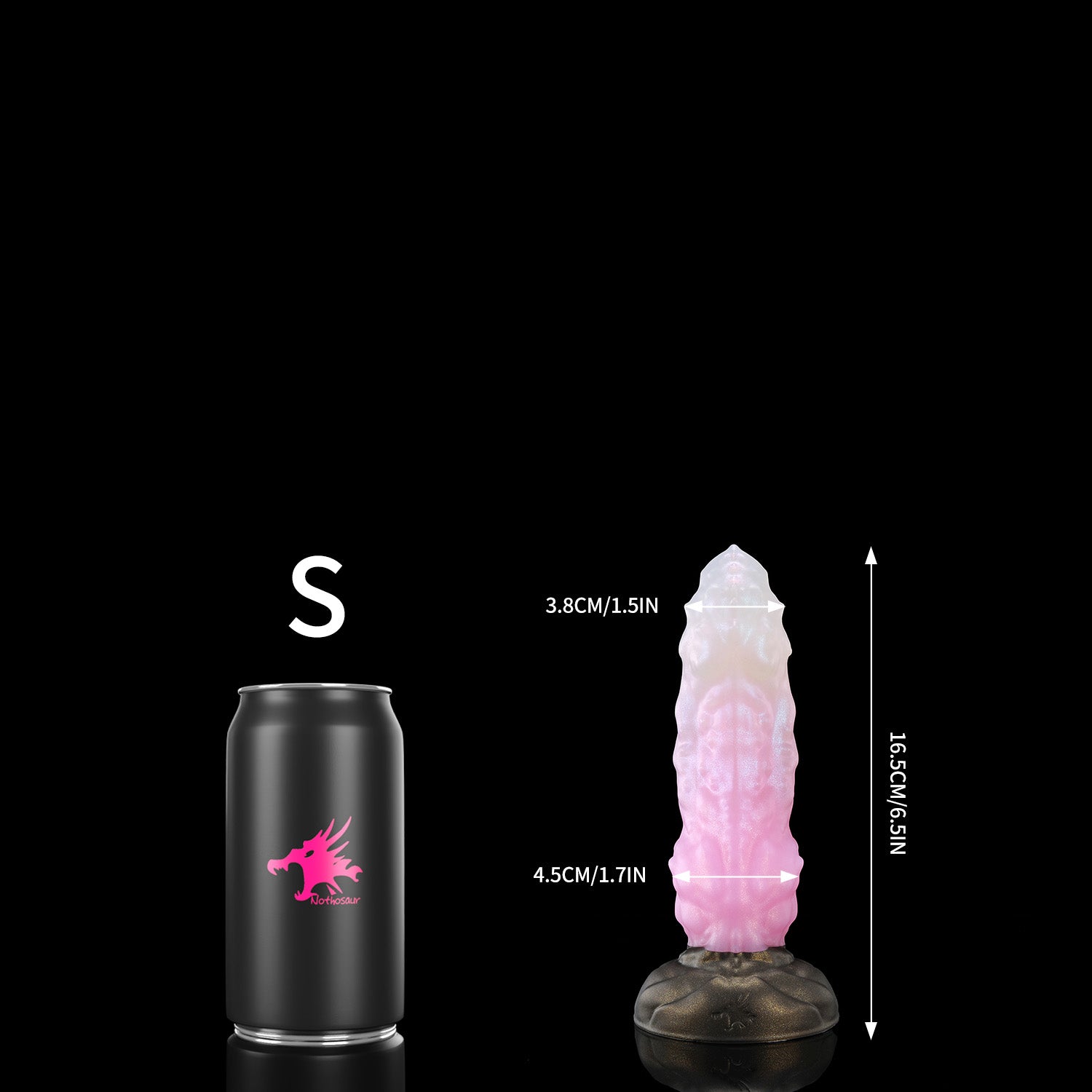 Howling Dragon custom dragon knot fantasy dildo with a textured shaft and suction cup base - S size comparison