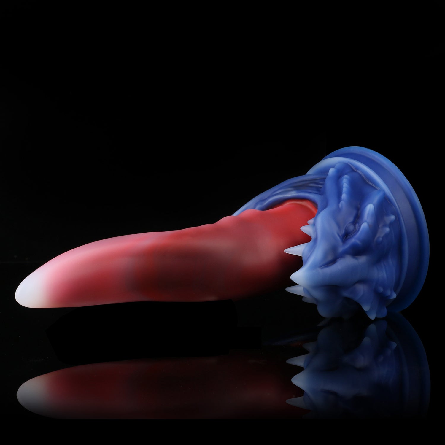 Ladon's Tongue custom dragon tongue fantasy dildo with a sculpted dragon-head base - blue and red colorway angled view