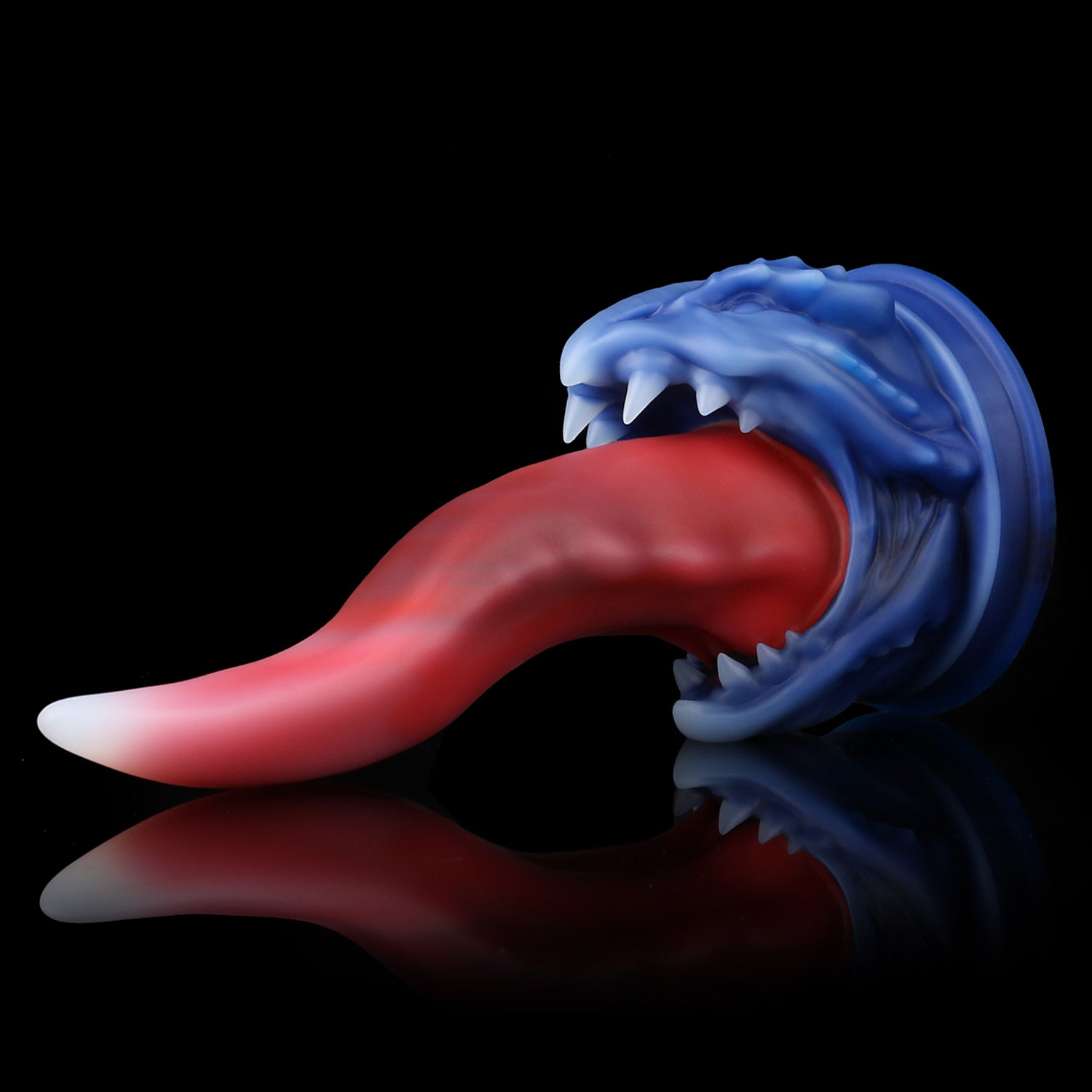 Ladon's Tongue custom dragon tongue fantasy dildo with a sculpted dragon-head base - blue and red colorway side view