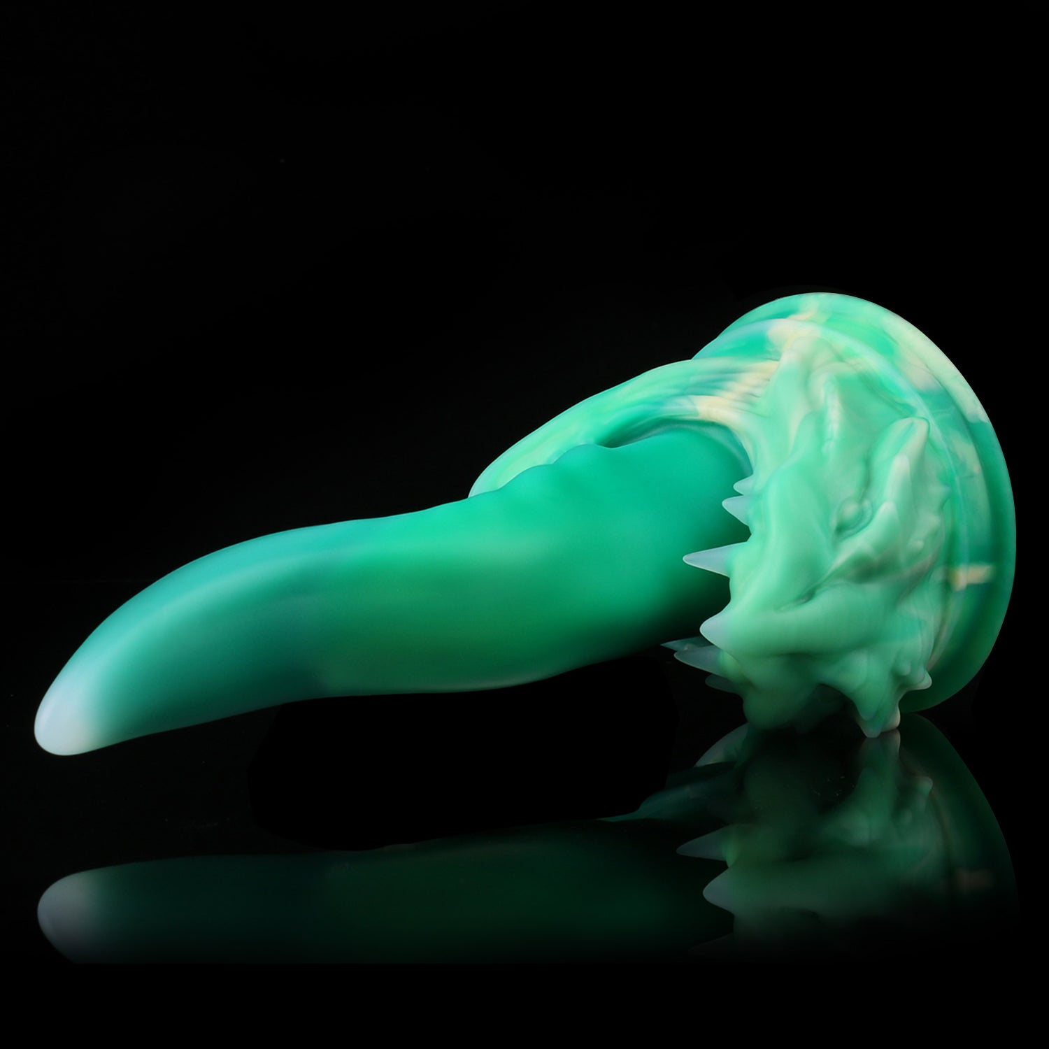 Ladon's Tongue custom dragon tongue fantasy dildo with a sculpted dragon-head base - green colorway angled view