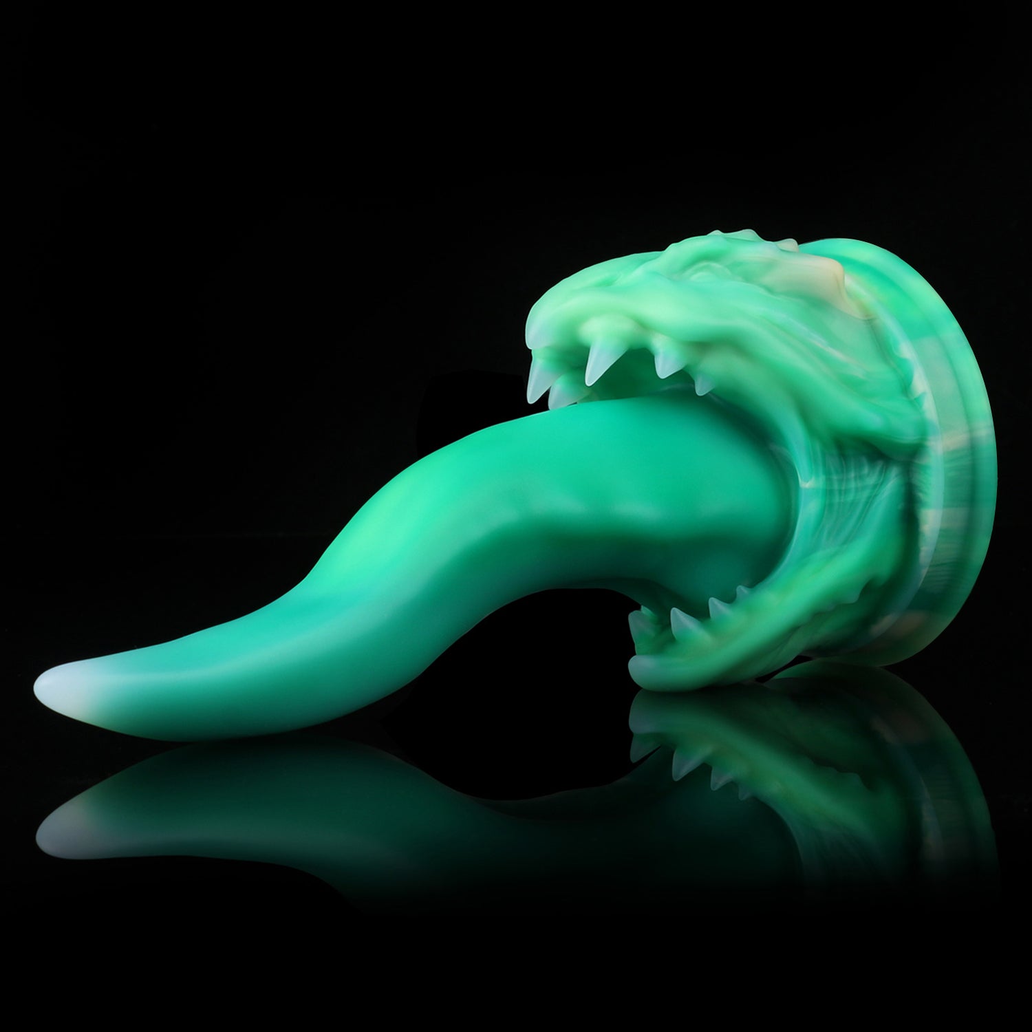 Ladon's Tongue custom dragon tongue fantasy dildo with a sculpted dragon-head base - green colorway side view