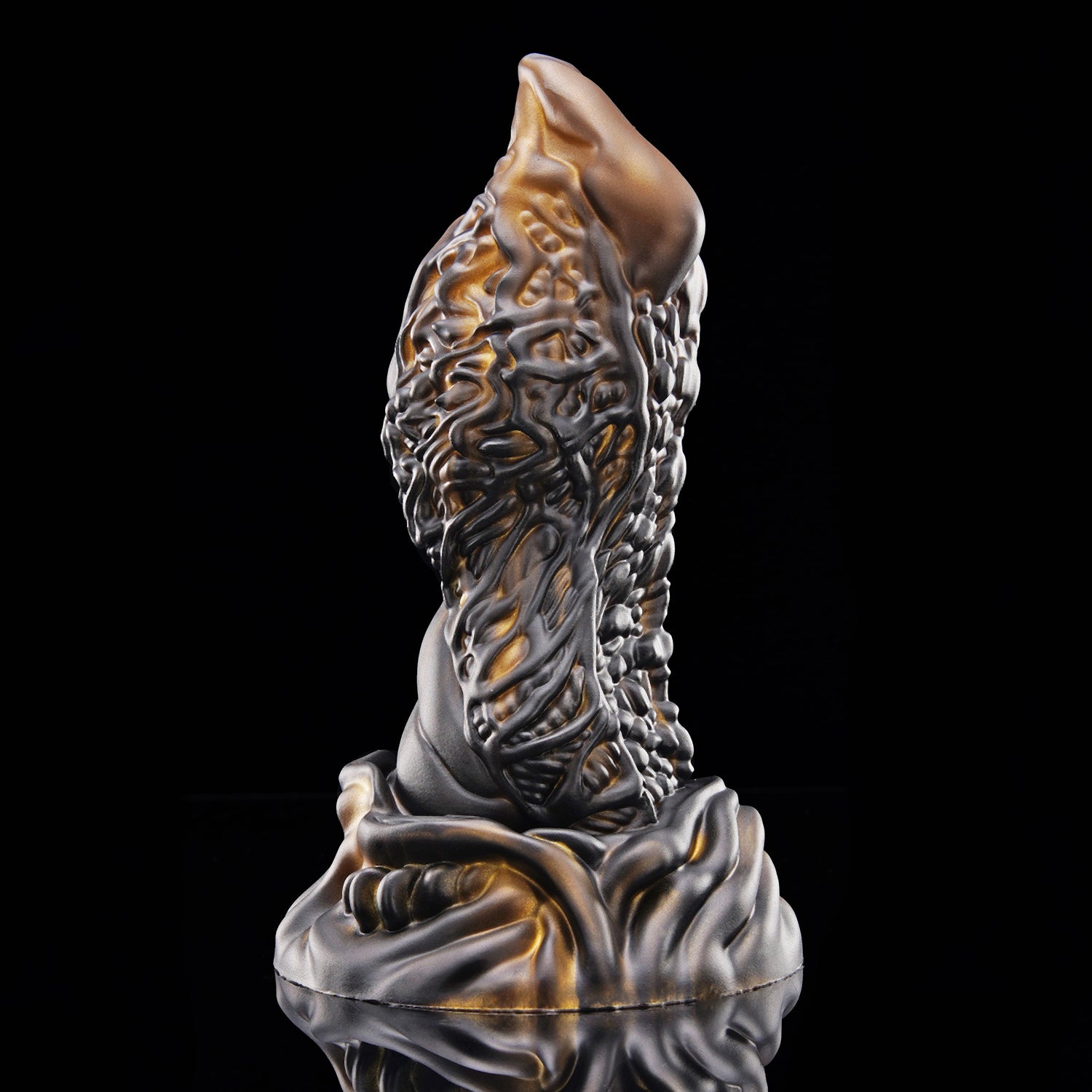 MAGARA custom dragon fantasy dildo with layered scale texture and a sculpted ornamental base - black and gold colorway side profile