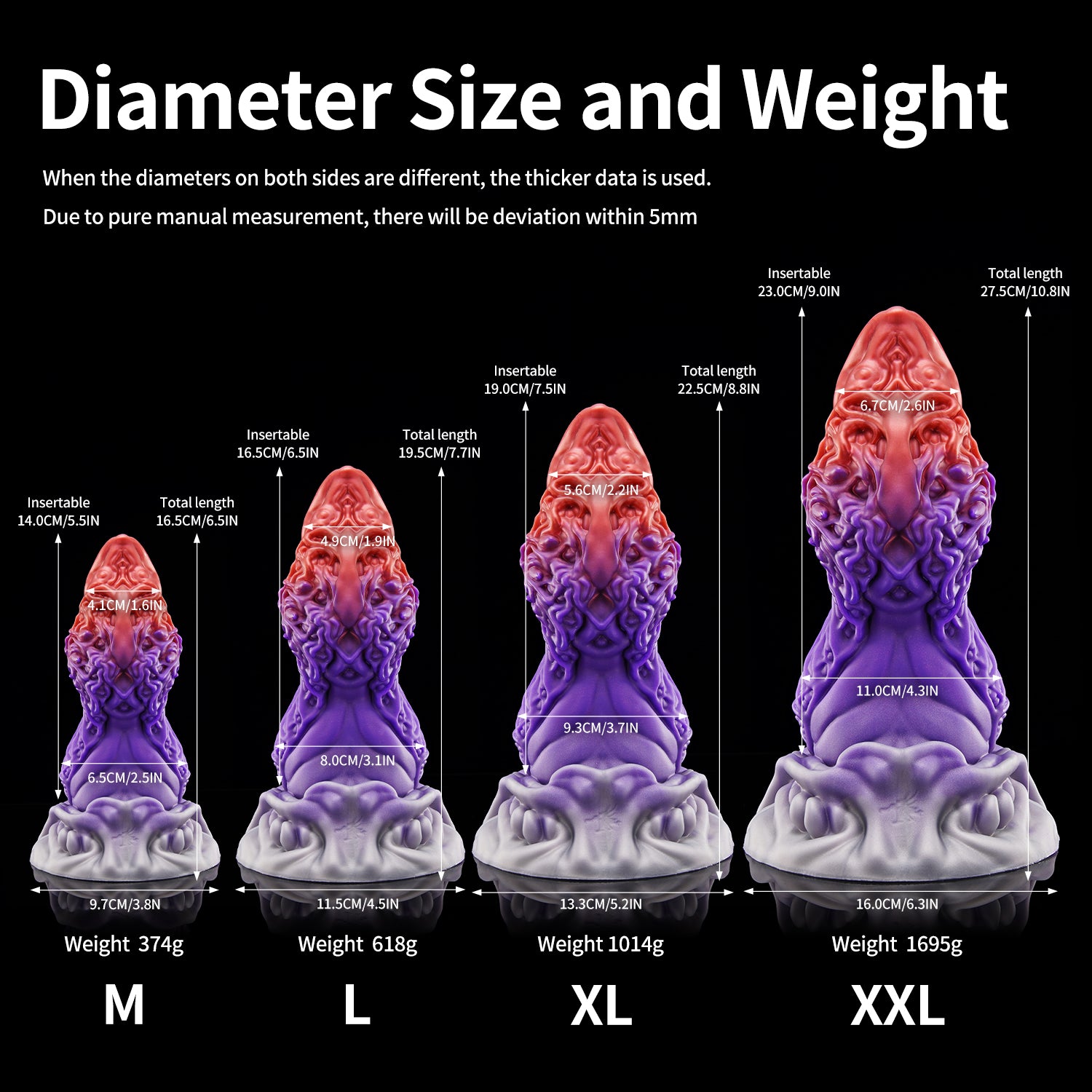 MAGARA custom dragon fantasy dildo with layered scale texture and a sculpted ornamental base - diameter size chart