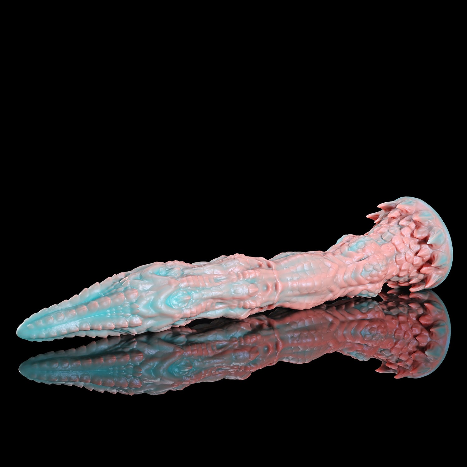 Meo's Ridge custom dragon fantasy dildo with a long curved, scale-textured shaft - angled side view