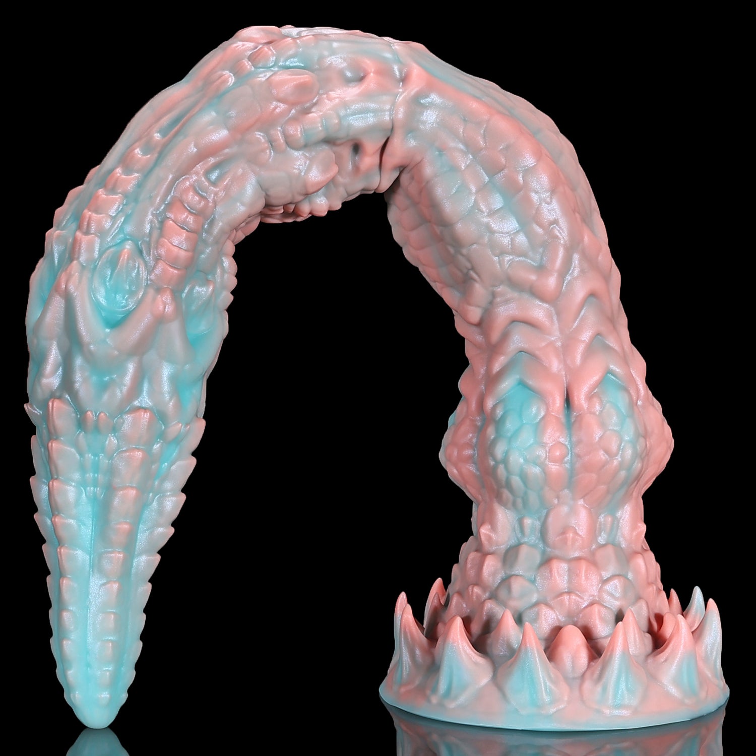 Meo's Ridge custom dragon fantasy dildo with a long curved, scale-textured shaft - curved side profile